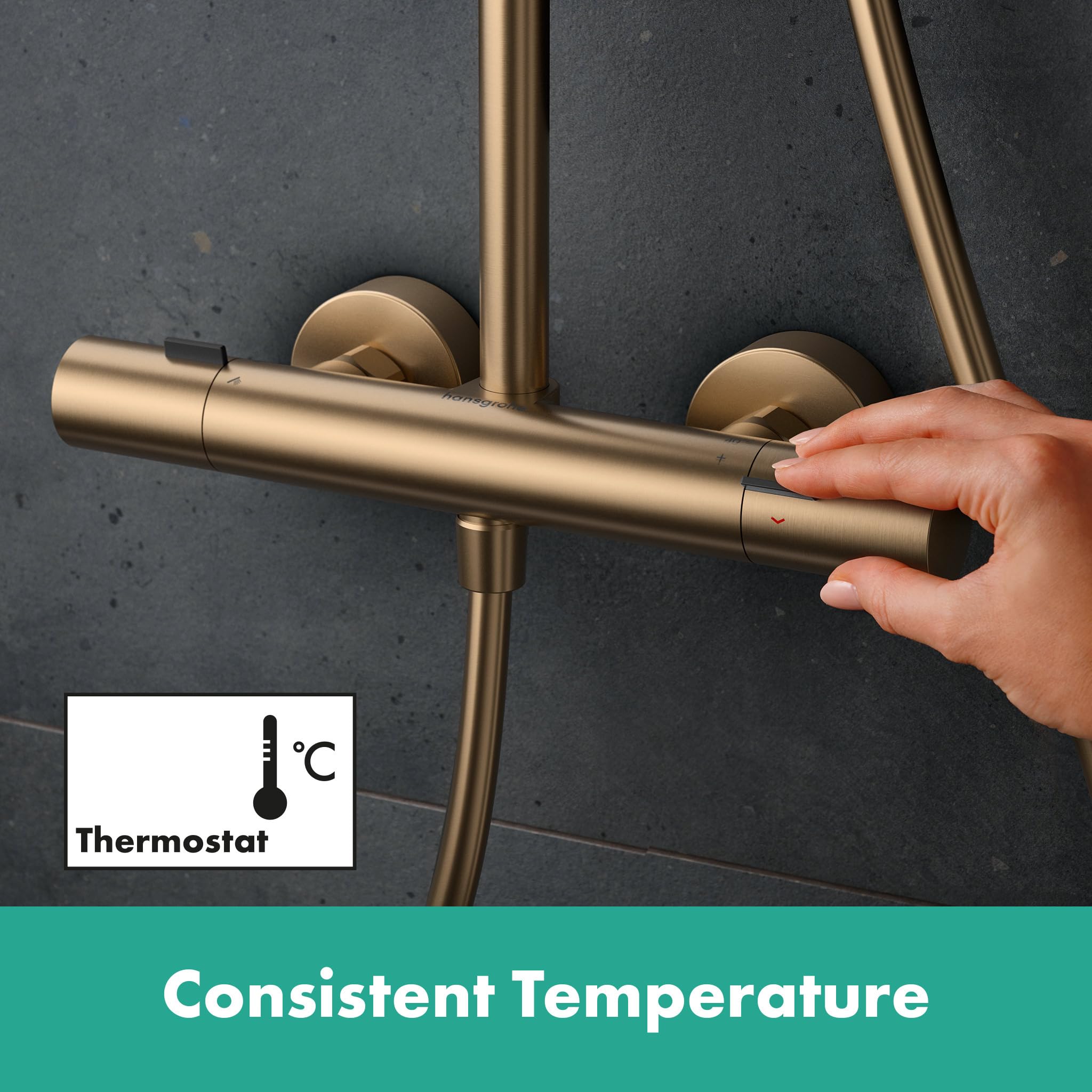 hansgrohe Pulsify S Puro - sistema de ducha ahorro de agua (EcoSmart) con termostato, ducha lluvia (260mm) con grifo, ducha de mano, flexo ducha, barra y ducha fija redonda, bronce cepillado, 24237140
