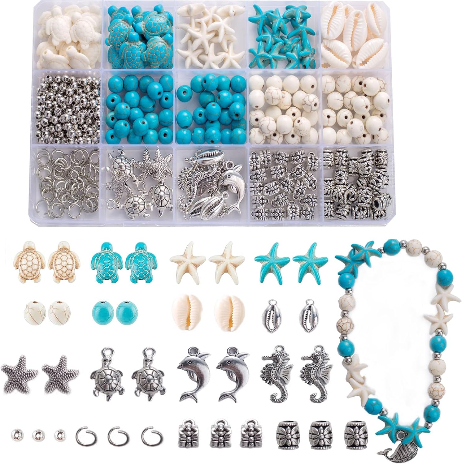 325Pcs Turquoise Sea Turtle Beads Blue and White Starfish Beads Tortoise Turtle Charms Summer Ocean Animal Spacer Bead Shell Bead for Jewelry Making DIY Bracelet Necklace Supplies(Box)