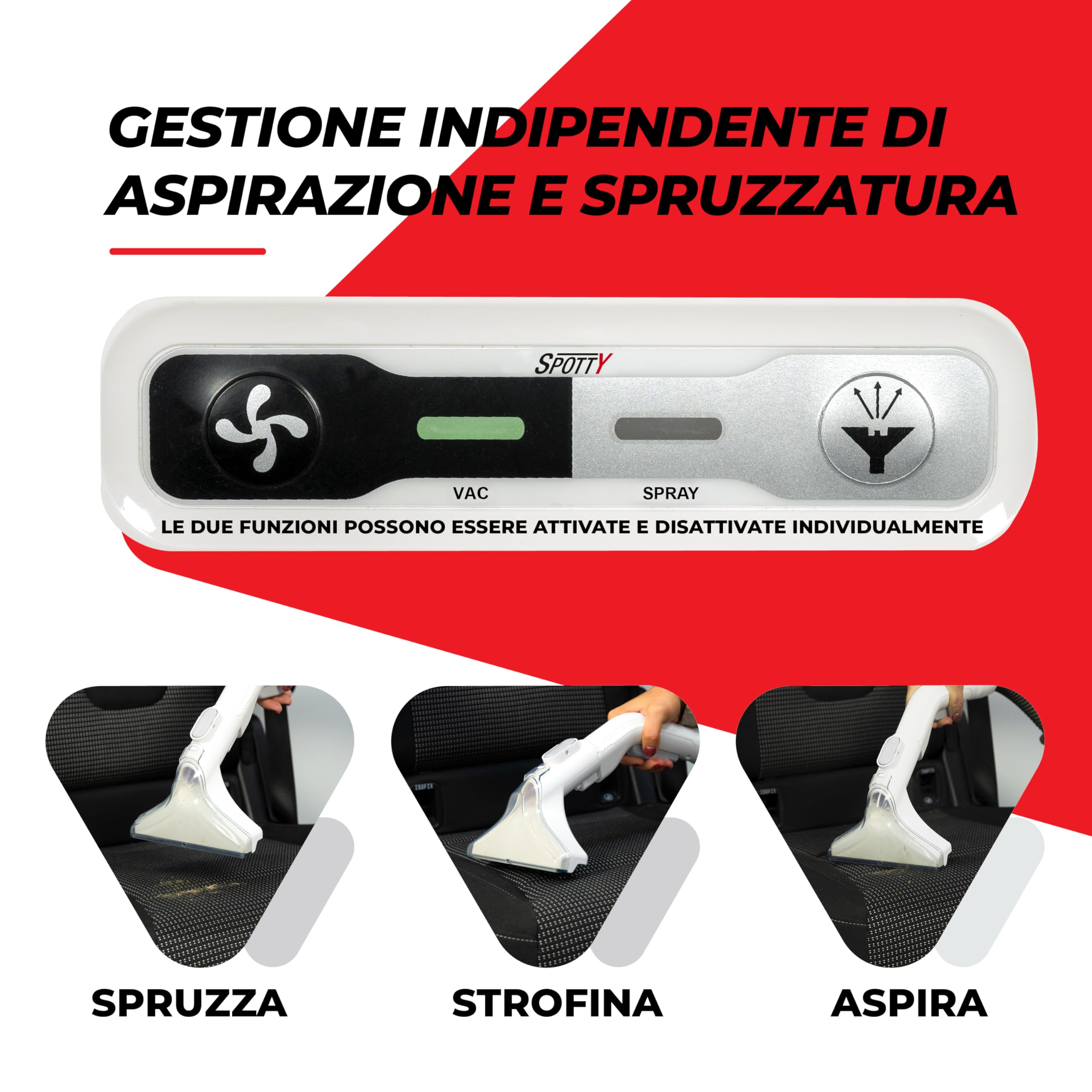 SPOTTY lavatappeti e divani con potenza di aspirazione di 170 mbar per una pulizia profonda di tappeti, tappezzeria, peli di animali, auto e pavimenti duri | Pulitore igienico per tappeti [67 dB]