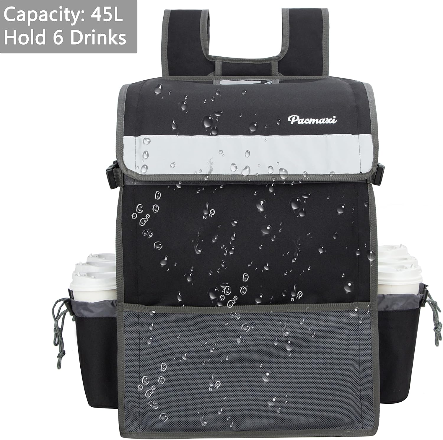 PACMAXI Food Delivery Backpack, Insulated Food Delivery Bag with 6 Cup Holder, Reusable Food Delivery Bag with Reflective Straps(Black) - Image 3