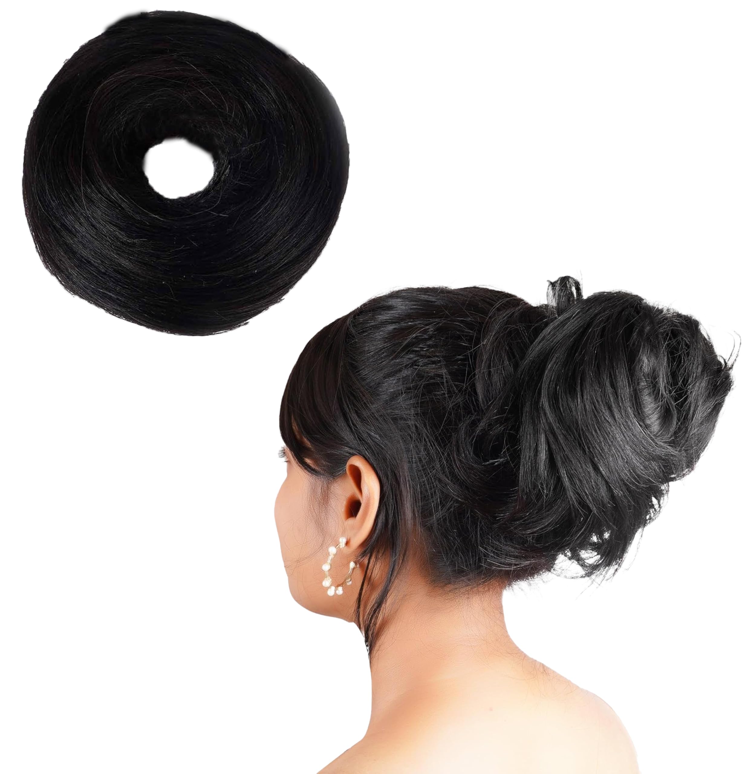 RefynHair Human Hair Messy Bun for Women | Black Elastic Hair Bun Scrunchie | Natural Look, Heat Resistant & Reusable Juda for Daily Wear & Parties, Pack Of 1