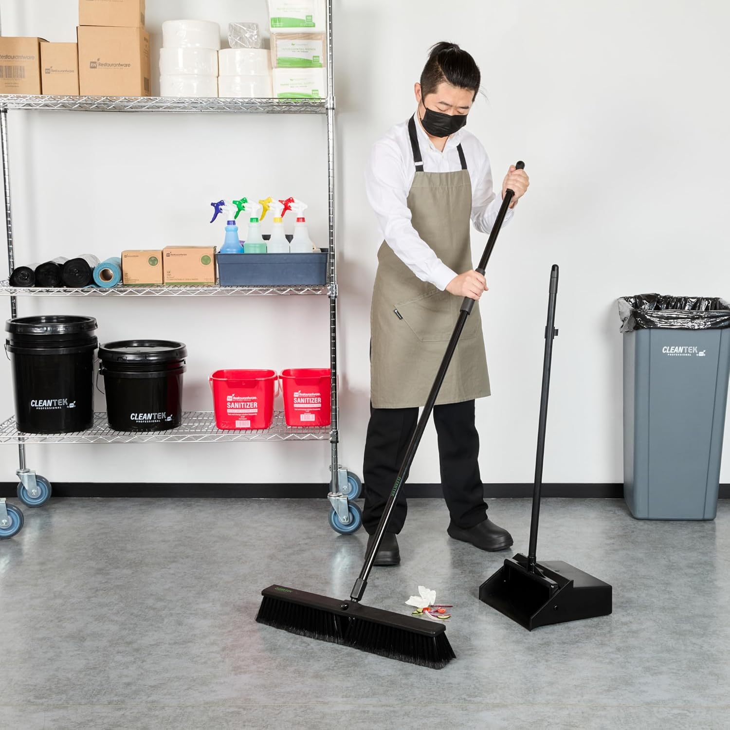 Restaurantware-Clean Tek Professional 23.62 Inch Push Broom, 1 Heavy-Duty Broom with 59â€ Handle - Fine Bristles, 2 Handle Attachment, Wooden, Commercial Use, for Deck, Garage, Yard, Patio