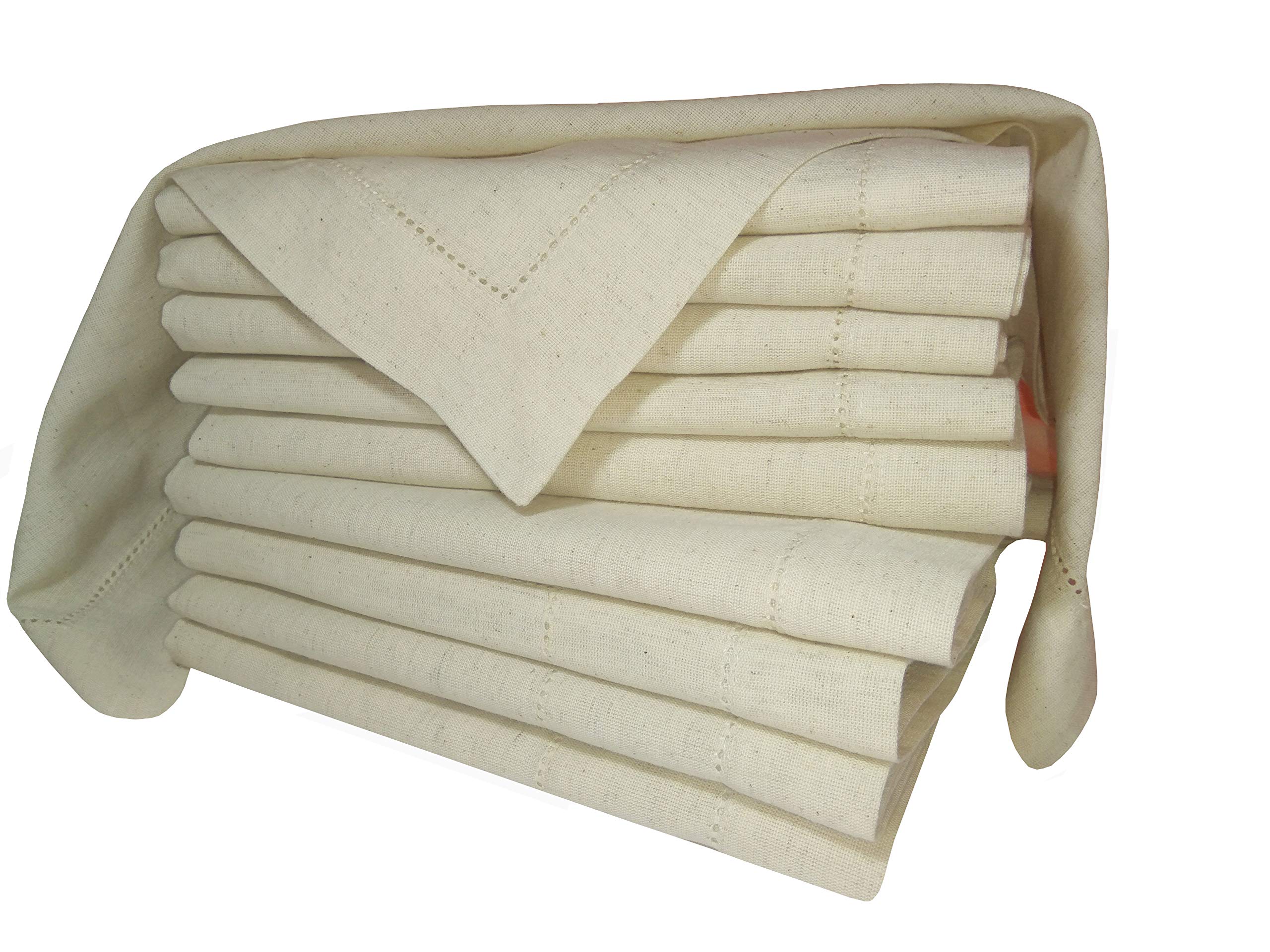 GFI LINEN CLUBS PACK of 12,Flax(20% & 80% Cotton) Dinner Napkins 50 CM X 50 CM (20 INCH x 20 INCH),Hemstitched,Natural Color
