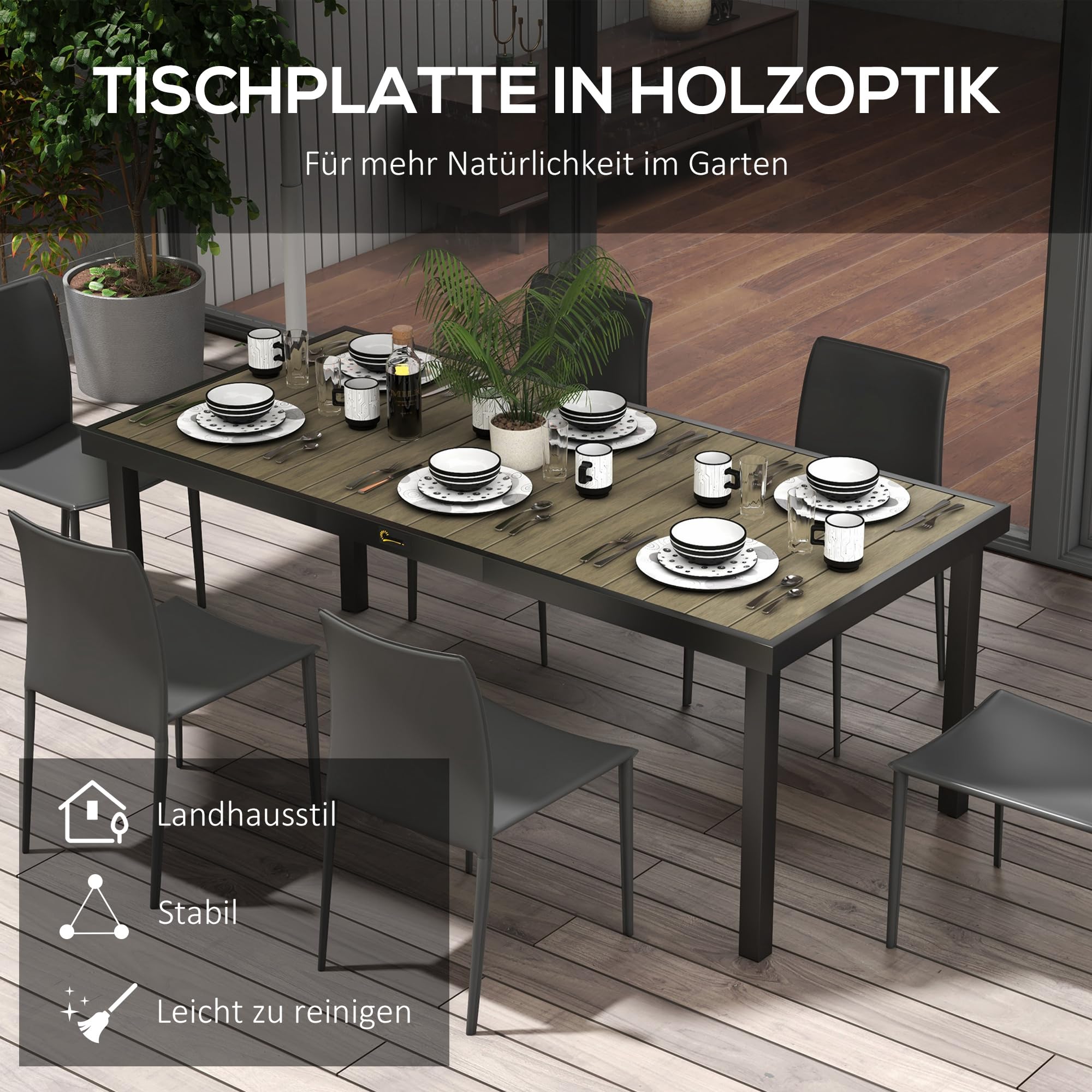 Outsunny Stół ogrodowy, aluminiowy, 190 x 90 cm, odporny na warunki atmosferyczne, stół bufetowy o wyglądzie drewna, antypoślizgowy, stół kempingowy dla 8 osób, stół balkonowy, stół tarasowy, stół do