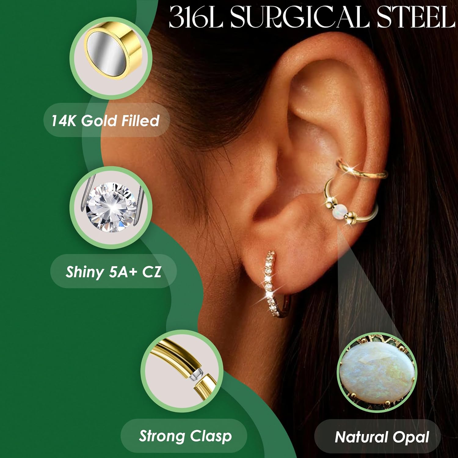 Cartilage Hoop Earrings for Women Helix Conch Piercing Jewelry 16G/18G/20G 14K Gold Plated 316L Surgical Steel Opalite Nose Rings Hoops With Cubic Zirconia Septum Rings 8/9/10mm - Image 4