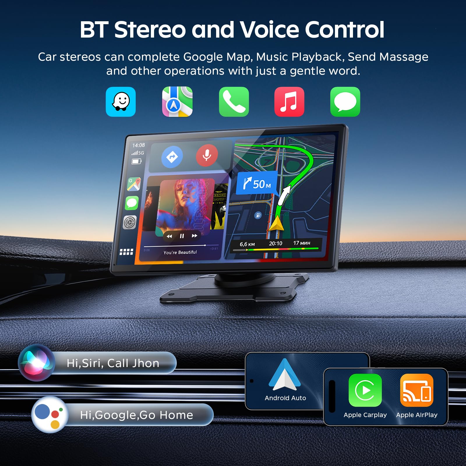 9 Ecran Carplay Voiture avec Carplay sans Fil Android Auto, Dashcam 4K, Caméra de Recul 1080P, Autoradio Portable Mirrorlink/Bluetooth/GPS/Siri/Google/AUX/FM, Adapté à Plusieurs Véhicules