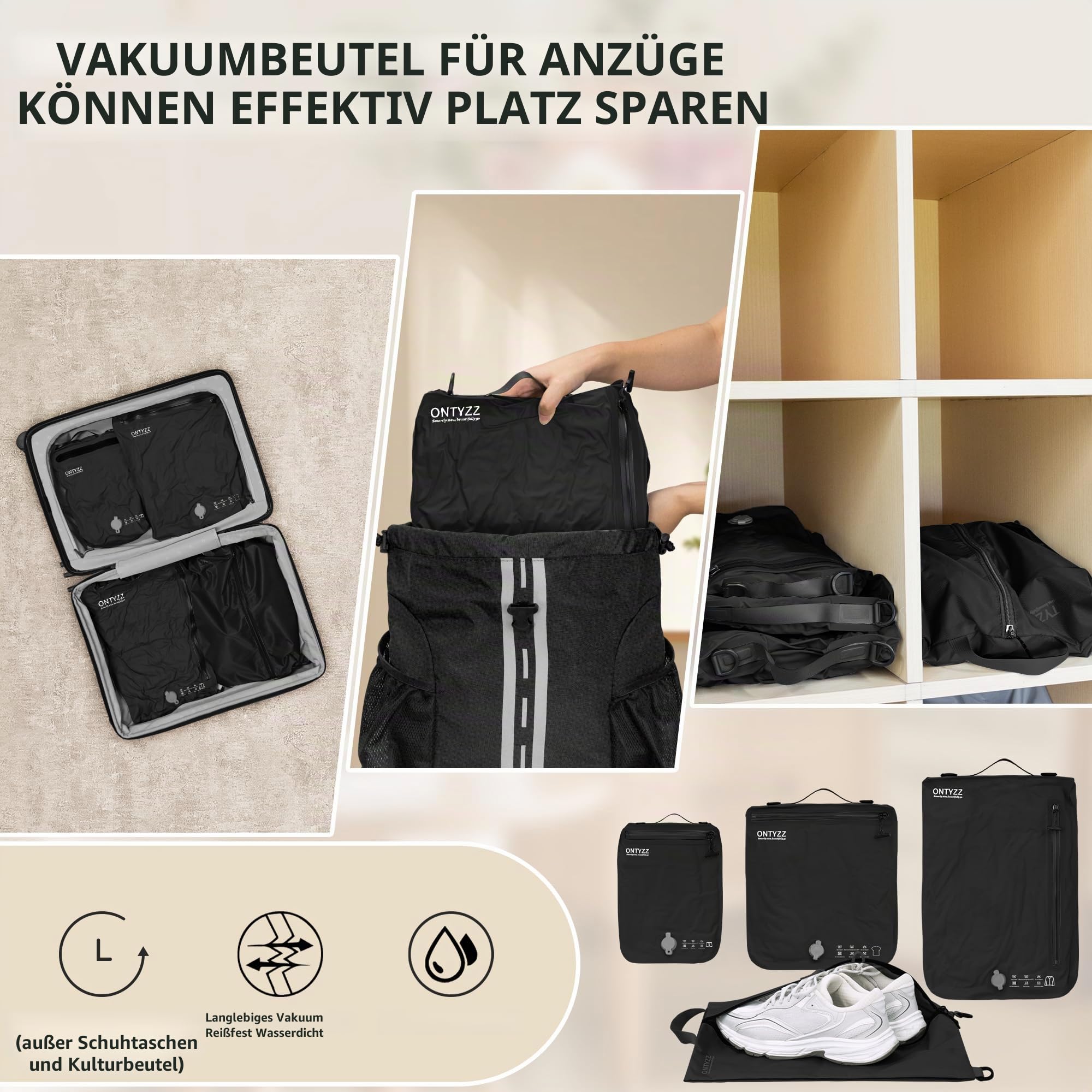 Koffer Organizer Compression Packwürfel Set, 4 Teilig Wiederverwendbar TPU Vakuumierbeutel mit IPX8 Wasserdichtem Reißverschluss Vakuumbeutel für Kleidung Unterwäsche, Socken, Schuhe