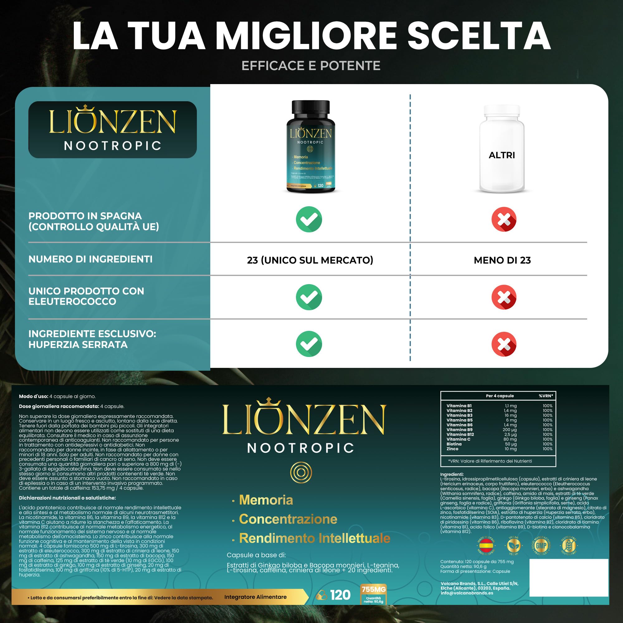 Nootropico concentrato Memoria e Concentrazione | +23 ingredienti naturali: Bacopa, Ginkgo Biloba, Caffeina, Hericium Erinaceus, Vitamine, Magnesio, L-Tirosina, Ashwagandha, Ginseng