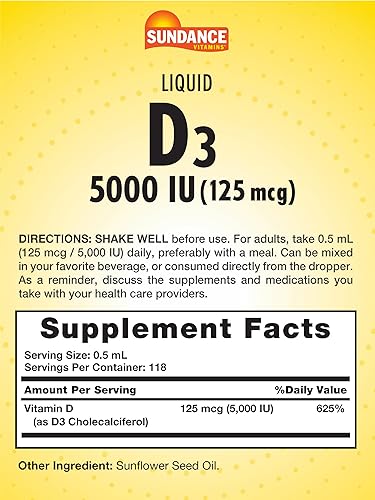 Miniatura 2 de Vitamina D3 5000 UI (125mcg)  2 onzas líquidas  Líquido de vitamina esencial  Suplemento vegetariano, sin OMG y sin gluten  por Sundance