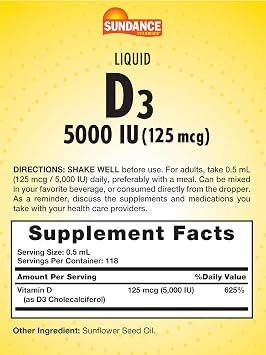 Sundance Liquid Vitamin D3 5000 IU | 2 Fluid Ounces | Essential Vitamin Liquid Drops | Vegetarian, Non-GMO, and Gluten Free Supplement