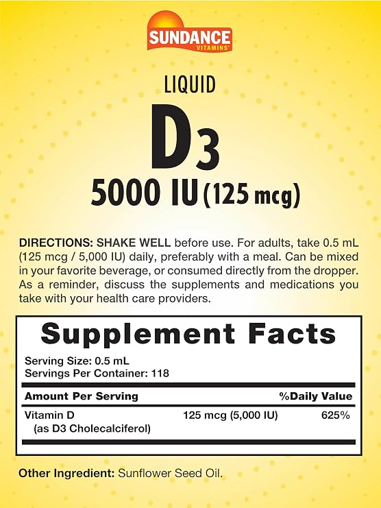 Sundance Liquid Vitamin D3 5000 IU | 2 Fluid Ounces | Essential Vitamin Liquid Drops | Vegetarian, Non-GMO, and Gluten Free Supplement