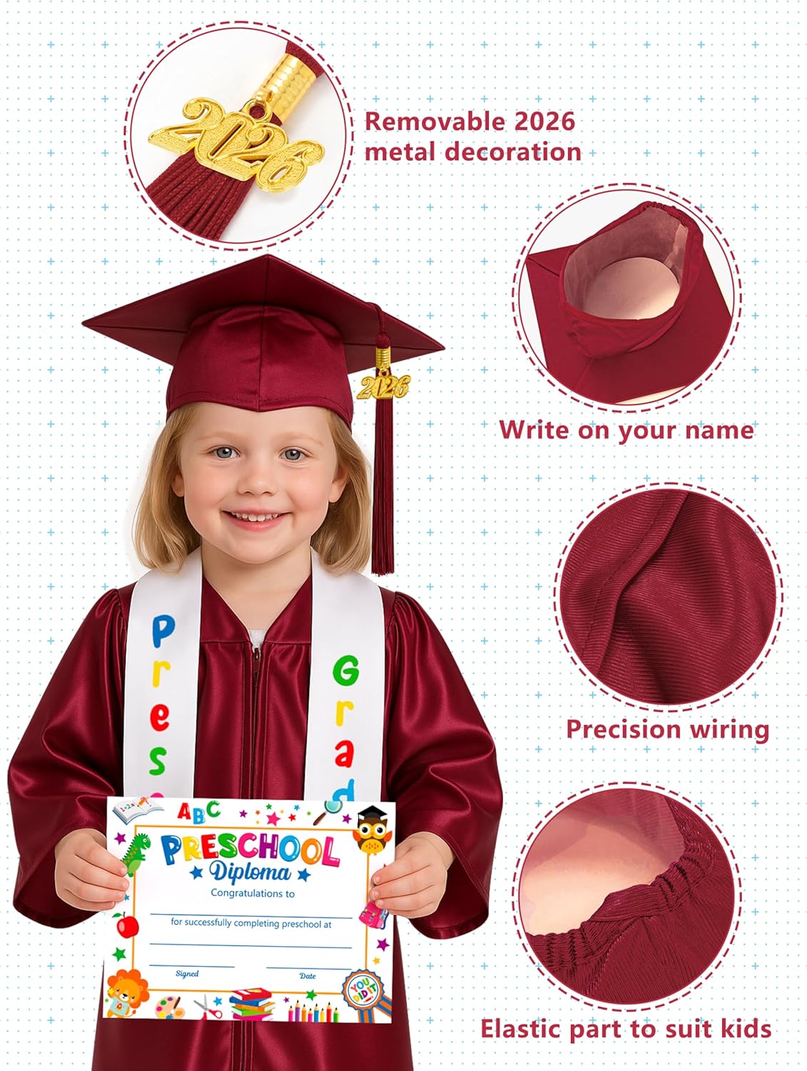 QZYL Preschool Graduation Cap and Gown Set, Unisex Kindergarten Graduation Outfit with Stole 2026 Tassel and Certificate