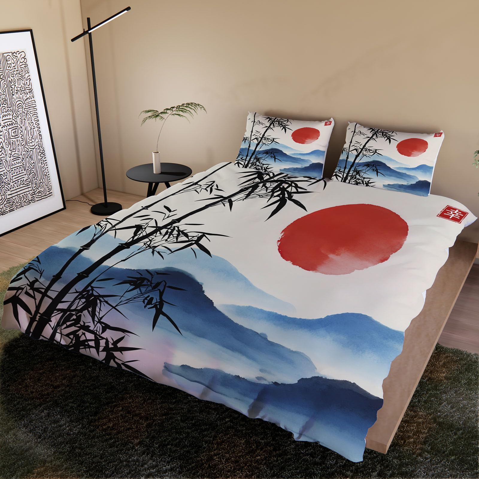 Wendebettwäsche Japan Stil 135x200 4tlg mit 2 Kissenbezug 80x80（3-4）