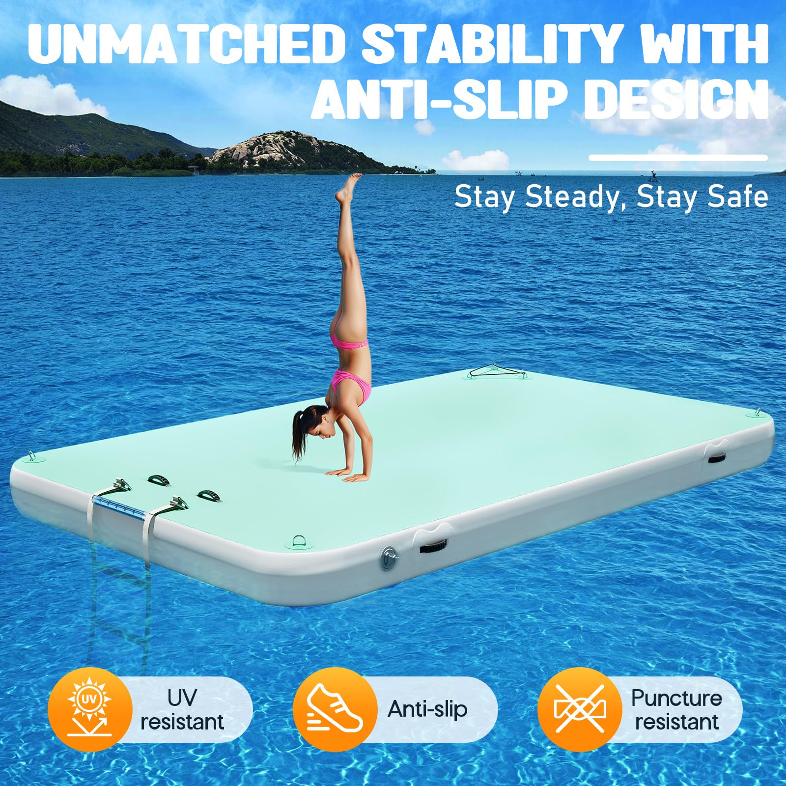 Albott Inflatable Floating Dock, 10x6 Ft with Portable Carry Bag and Ladder, Heavy-Duty Non-Slip Surface Water Platform, Floating Platform Supports 5-6 People, 1000 Lbs, Green