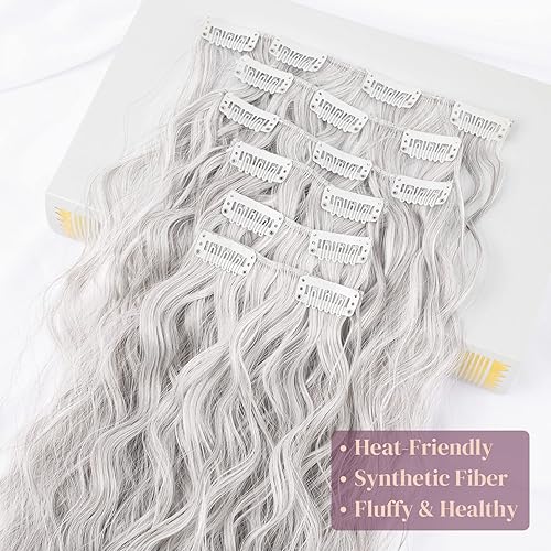 Miniatura 3 de LONAI Extensiones de cabello con clip, 6 piezas rizadas de 24 pulgadas de largo, sintético, postizo para mujer, mezcla de grisplatablanco