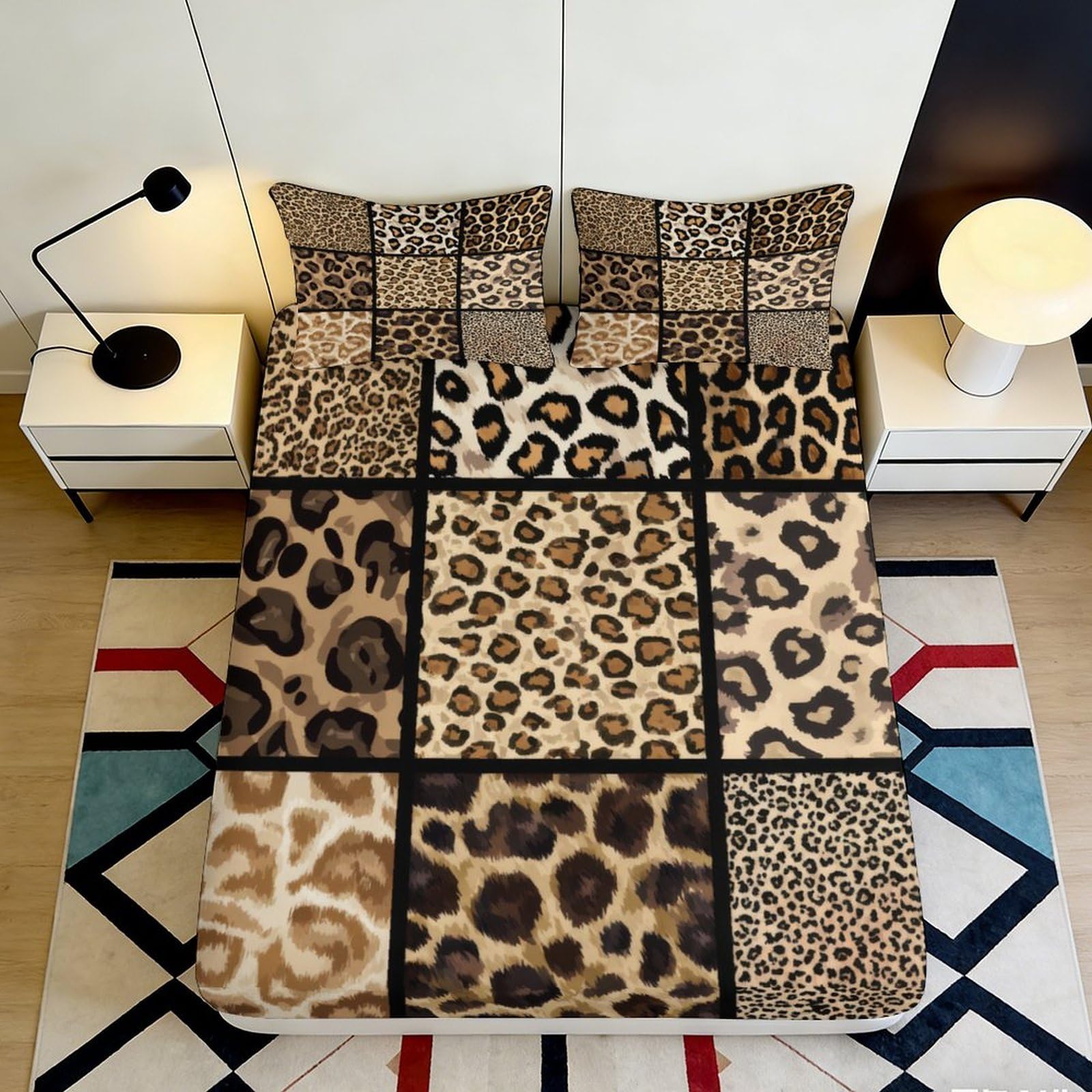 3D Printed Leopard Patchwork Fitted Sheet Microfiber Non-slip Bed Sheet for Bedroom Dorm Apartment Mattress Decor 90x200x25cm