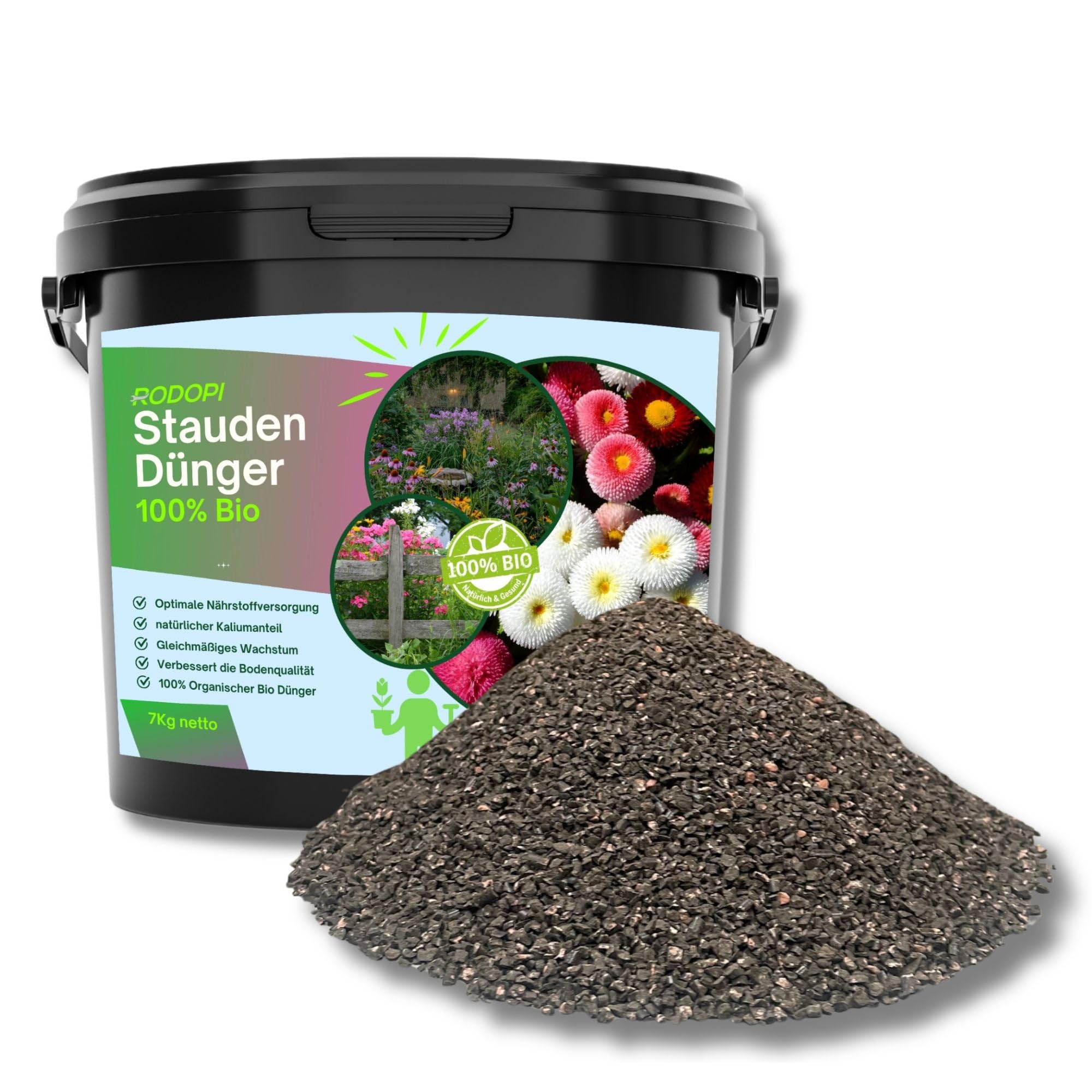 Rodopi Bio-Staudendünger Granulat 7-3-8 – 3 Monate Langzeitwirkung – 100% pflanzlich & tierfrei – Organischer NPK-Dünger mit Eisen & Mykorrhiza – Ideal für Blütenstauden, Gräser & Bodendecker 7kg