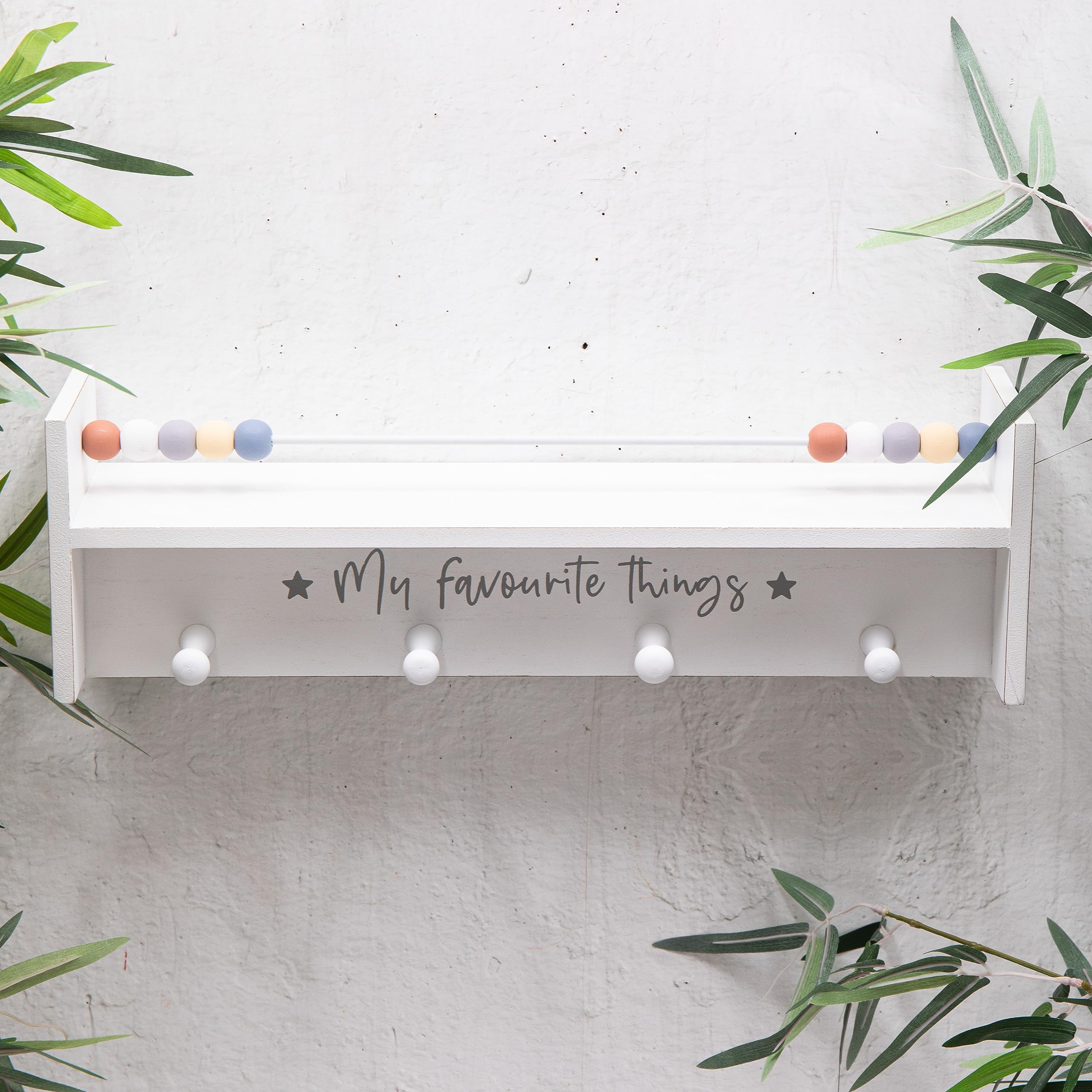 Sil Wooden Floating Abacus Shelf with 4 Hooks - Cottage Style Unisex Nursery Bedroom Decor