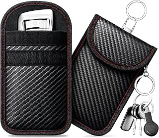 caslord Keyless Go Schutz Autoschlüssel, 2 Stück Mittel Faraday Taschen Kohlefaser Leder, Keyless Go Schutzhülle RFID Blocker Schlüsseletui- Rot+Rot