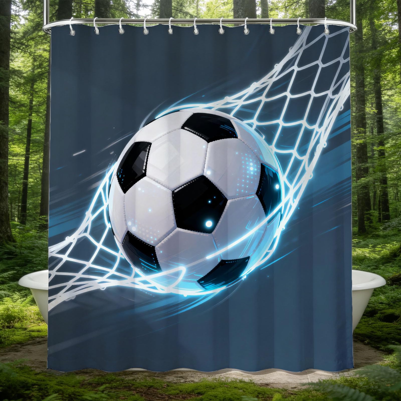 Hongduo 3D Tech Soccer Shower Curtain for Stalls Bathtubs Cool Bathroom Decor Shower Curtain Set Polyester Fabric Waterproof 200x200cm/79X79 Inch with Hooks