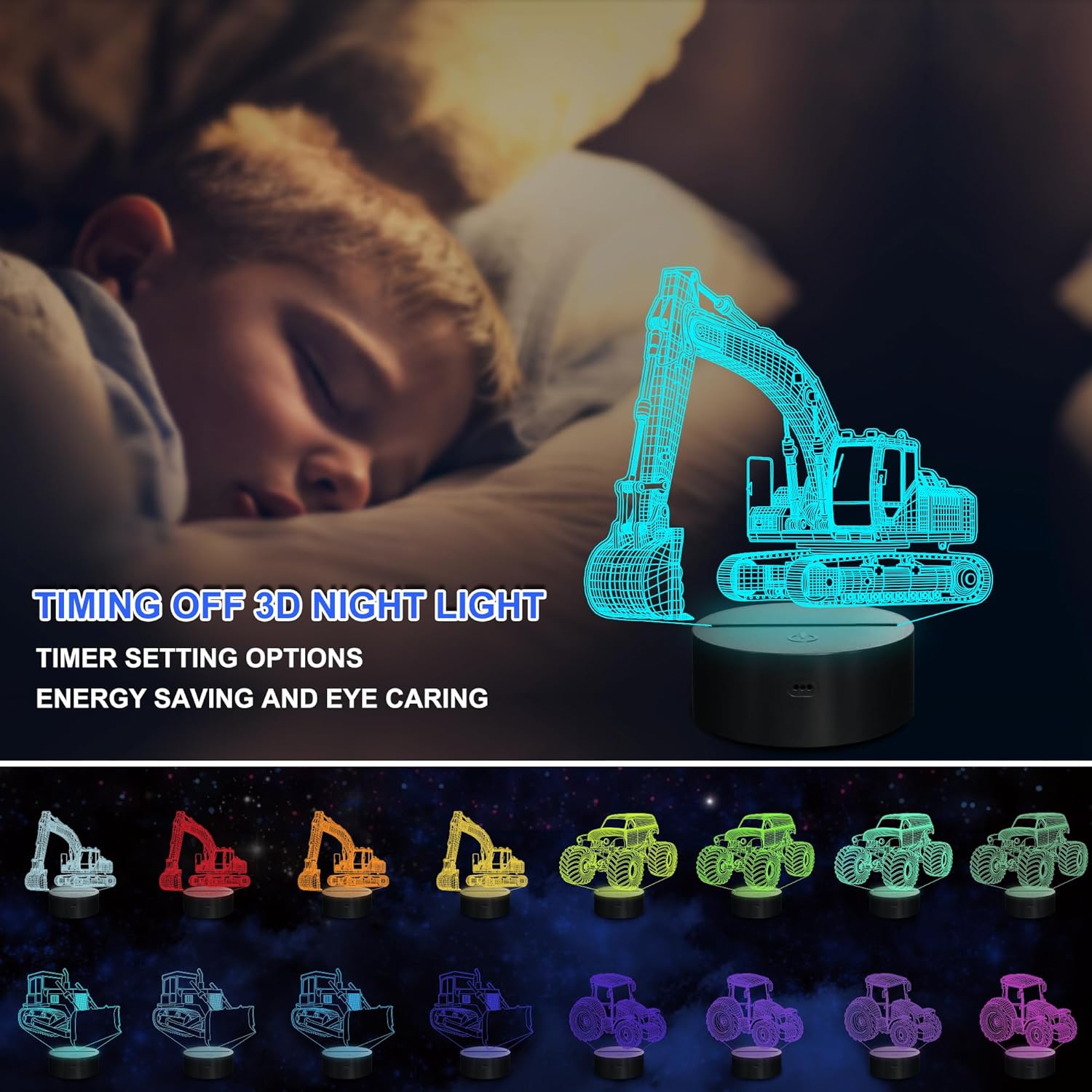 Ammonite Vehicle Gifts, 3D Illusion Truck Night Light for Kids (4 Patterns) with Remote Control & 16 Colors Changing & Dimmable Function, Creative Gift Idea for Boy Men Uncle Father