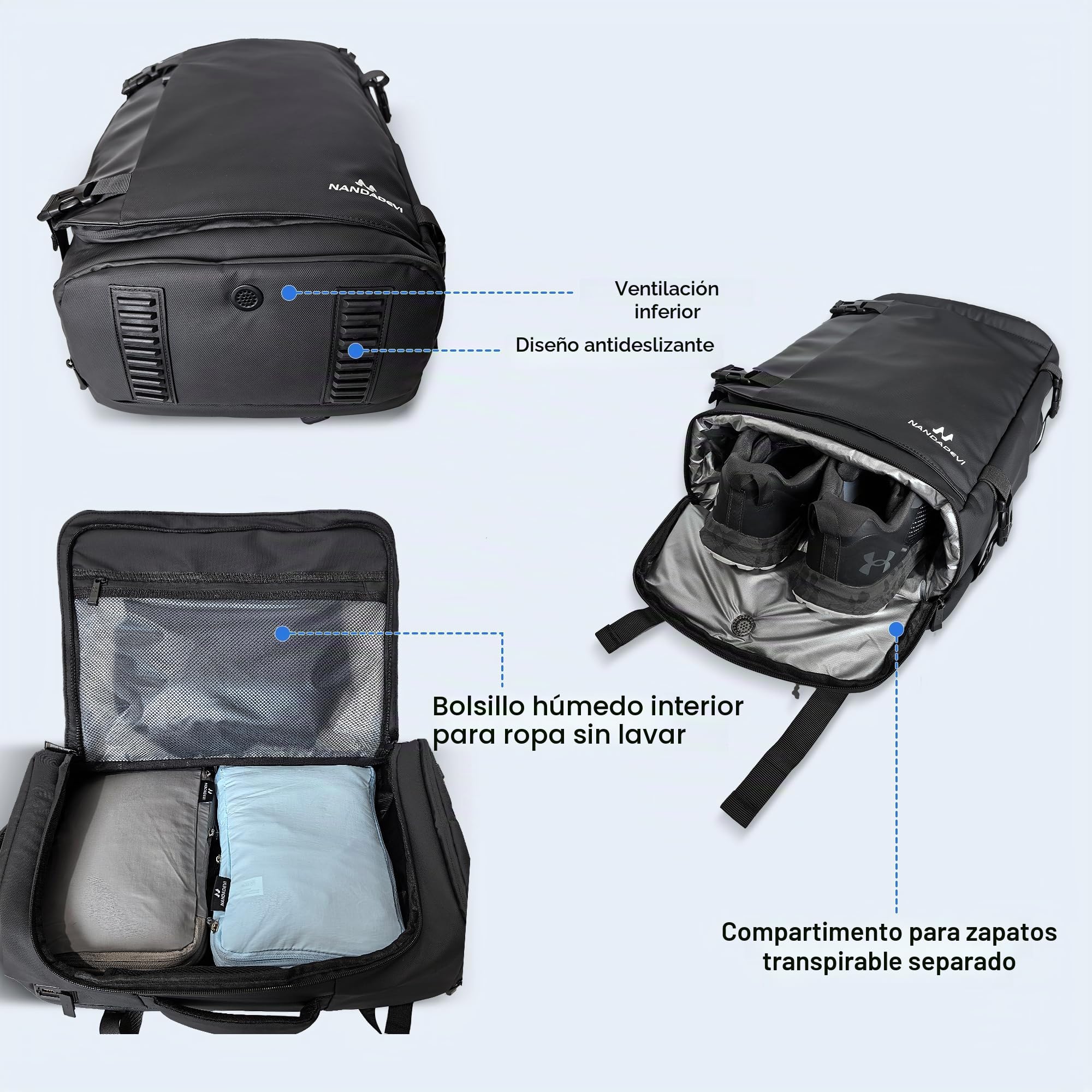 NANDADEVI Mochila para hombre, 40 l, grande, resistente al agua, con aislamiento en seco y húmedo, mochila para portátil de 17,3 pulgadas, Negro , 49 x 31 x 20 cm, 40 l