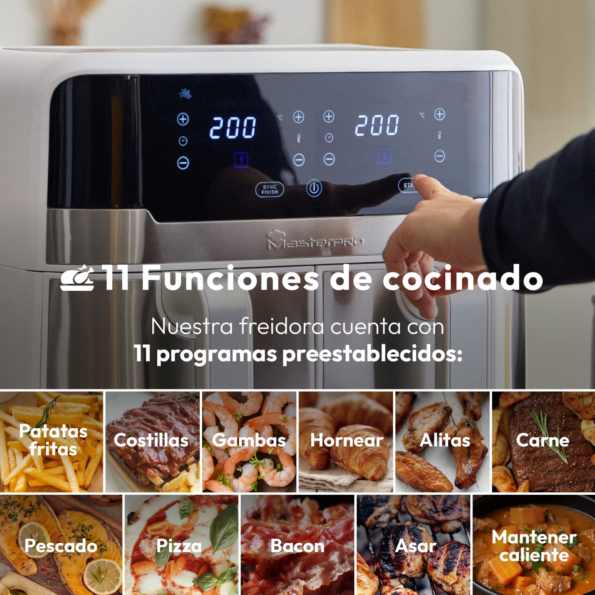 MasterPRO Rocket Duo 900 | Friggitrice Senza Olio Doppia | Bianco | Capacità da 9 L e 2400 W di Potenza | Schermo LED Touch e Cestello Antiaderente | Friggitrice ad Aria | 11 Funzioni Diverse in 1