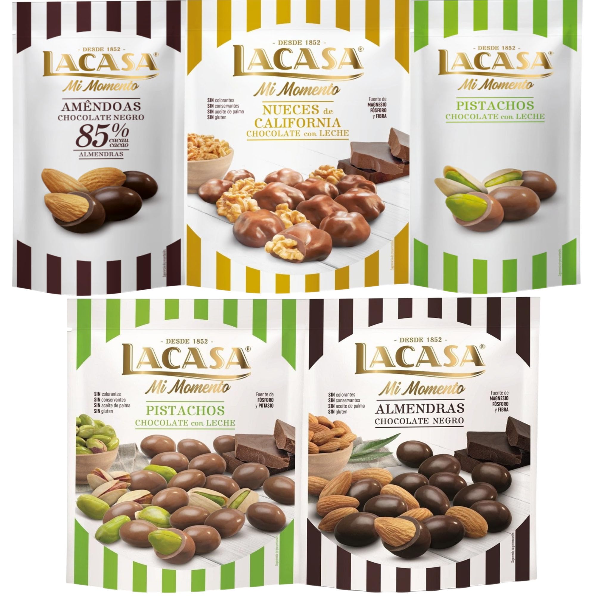 Lacasa Mi Momento pack de 5:Pistacho Chocolate Leche,Almendra 85%,Nueces Chocolate Leche,Almendra Chocolate Negro,Pistacho Chocolate Leche