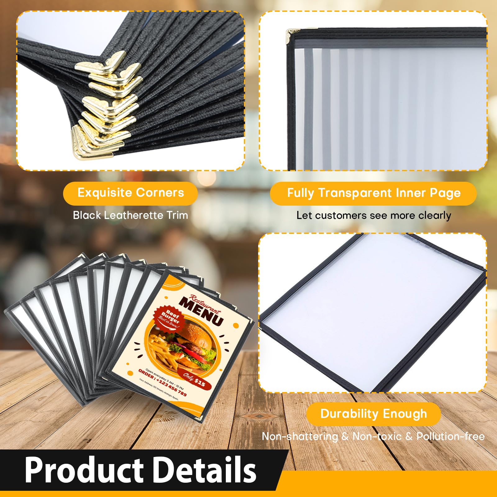 FLKQC Tech - Paquete de 10 fundas para menú de restaurante de 6 vistas para papel de 8 1/2 x 11 pulgadas (3 páginas)