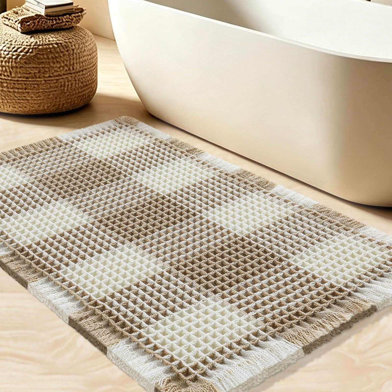 Upgrade Waffle Bathroom Mat, Boho Bath Rugs Absorbent Non Slip, Ultra Soft Bath Mat, Machine Washable Knit Bathroom Rugs with Stripe for Bathroom, Bedroom, Kitchen, Tub, 24"x17", Brown &amp; Cream