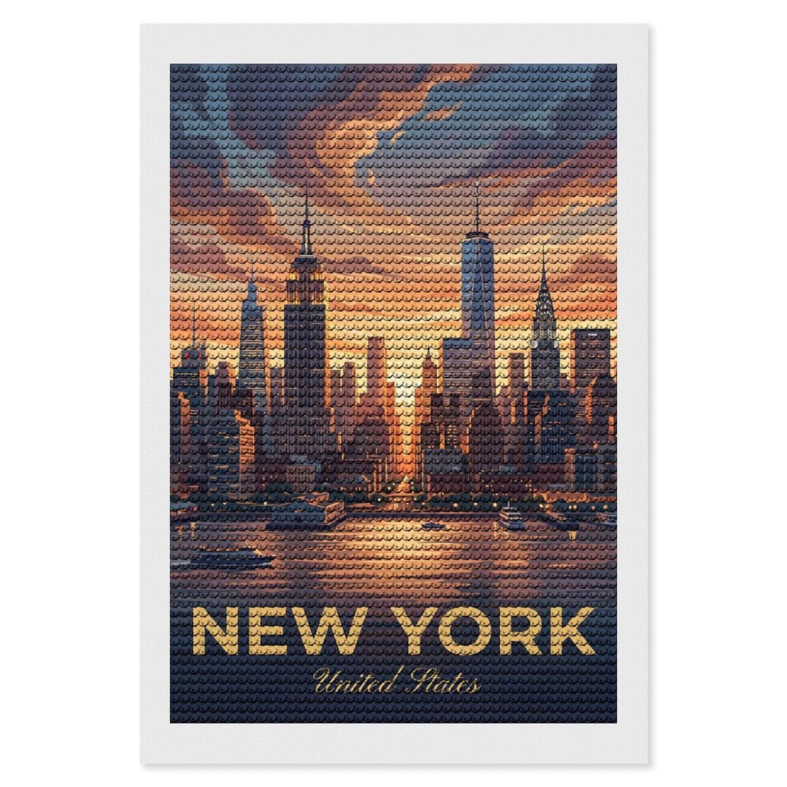 Junmoney New York City Skyline at Sunset(2) Diamond Art Canvas 8"x12", for Teens, Nice Detail and Sparkle, Farmhouse Decor, Festive Craft Gift, Easy to Enjoy