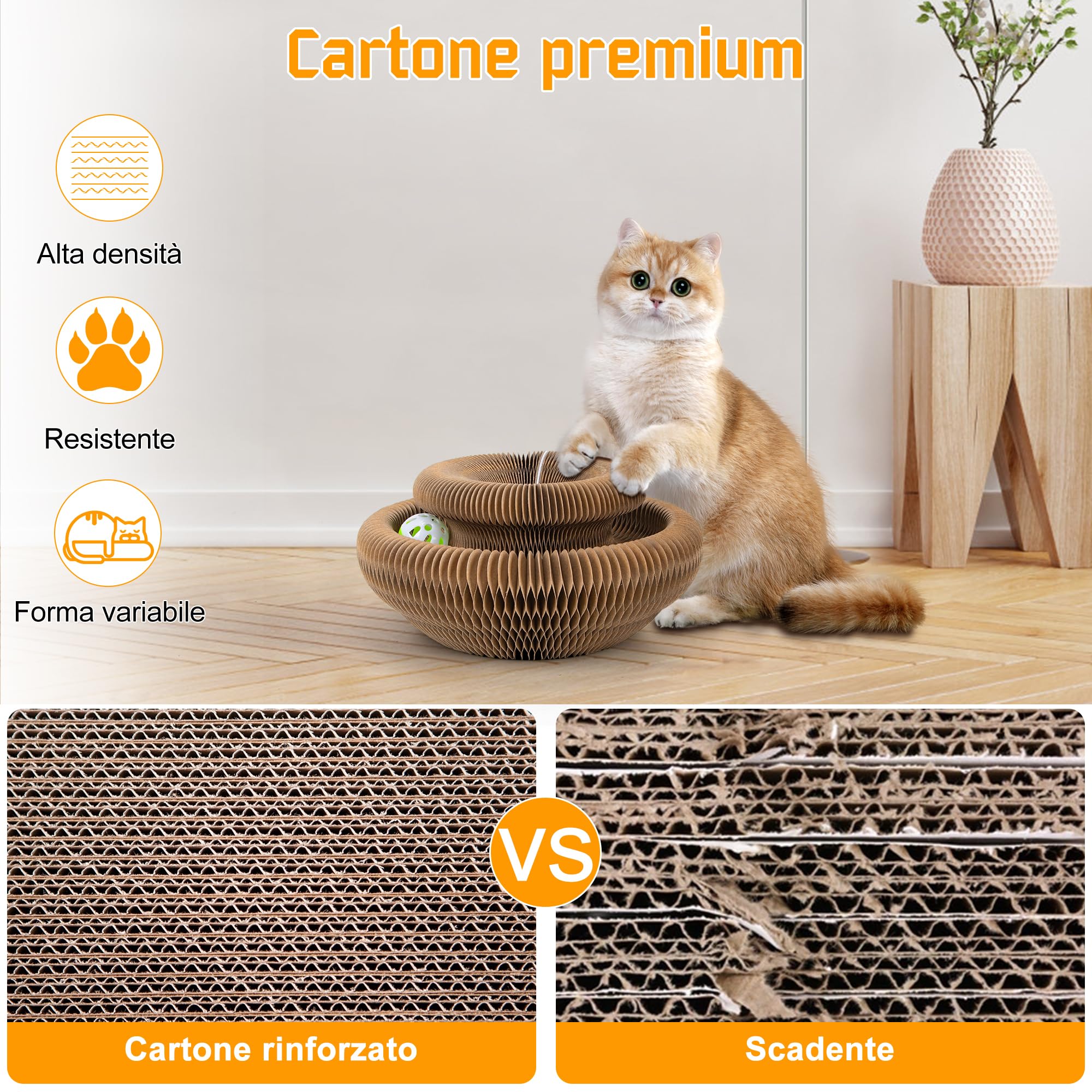 Magic Organ Tiragraffi per gatti | 2 in 1 pieghevole con campanella | Giocattolo interattivo e casetta di cartone per gatti domestici (Dimensioni standard)