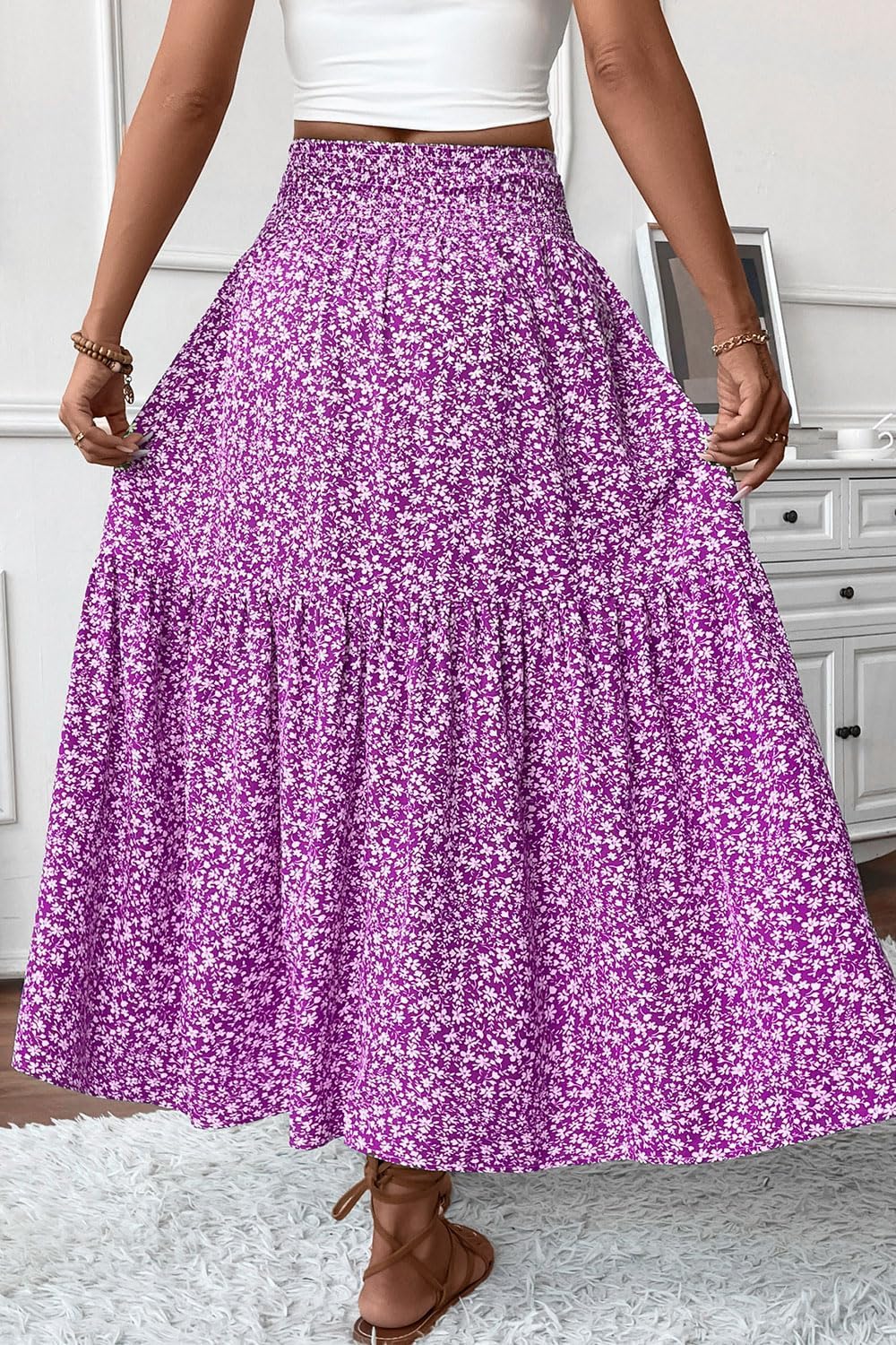 Women's Smocked High Waist Maxi Skirt Casual Boho Long Skirts with Pockets - Image 2