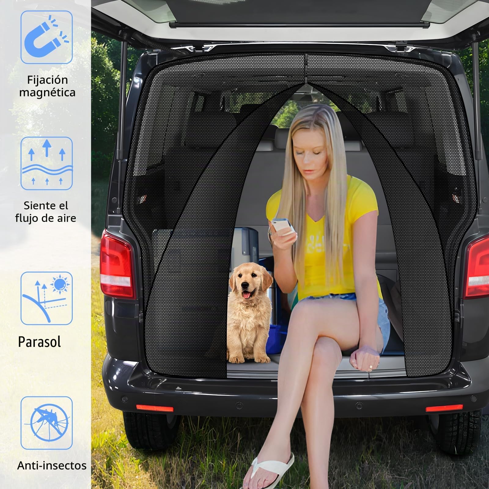 ZATOOTO Cortinas Mosquitera Puerta Trasera de Coche Solo Apto para VW T5 T6, Cortina Divisoria Magnética con Tres Cremalleras, Mosquitera para Camping y Viajar