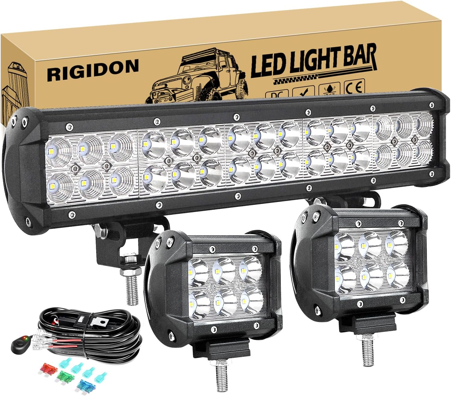 RIGIDON 14Inch 90W Light Bar Double Row Flood Spot Combo 2PCS 18W 4Inch Spot LED Fog Light Waterproof with Work Light Wire Harness Kit for Driving Boat Off Road ATV UTV Truck