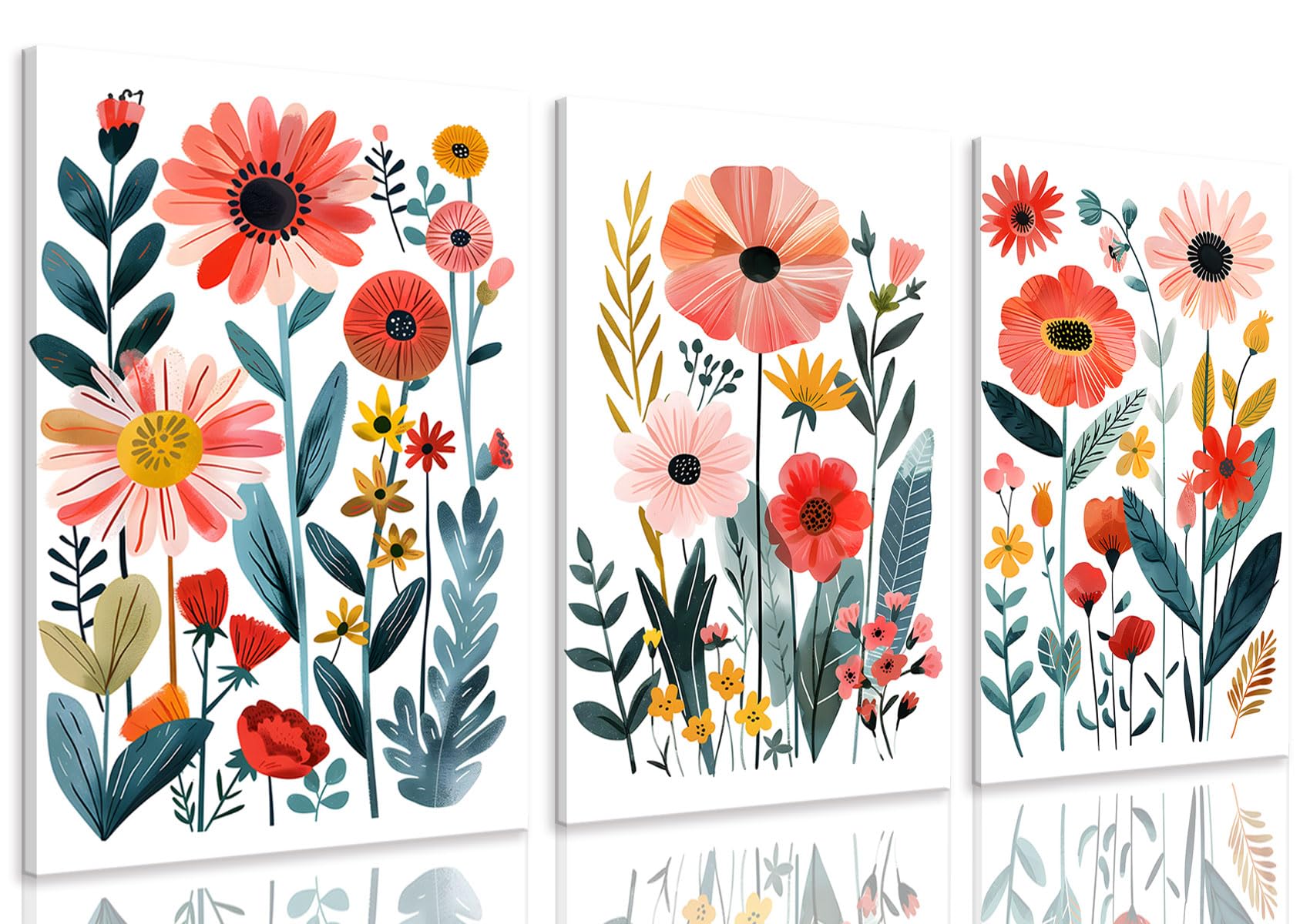 KISSFOX Framed Colorful Wildflower Canvas Wall Art Set Of 3 Flowers Pictures Prints Flowers Printing Floral Watercolors Flower wall Decor Living Room