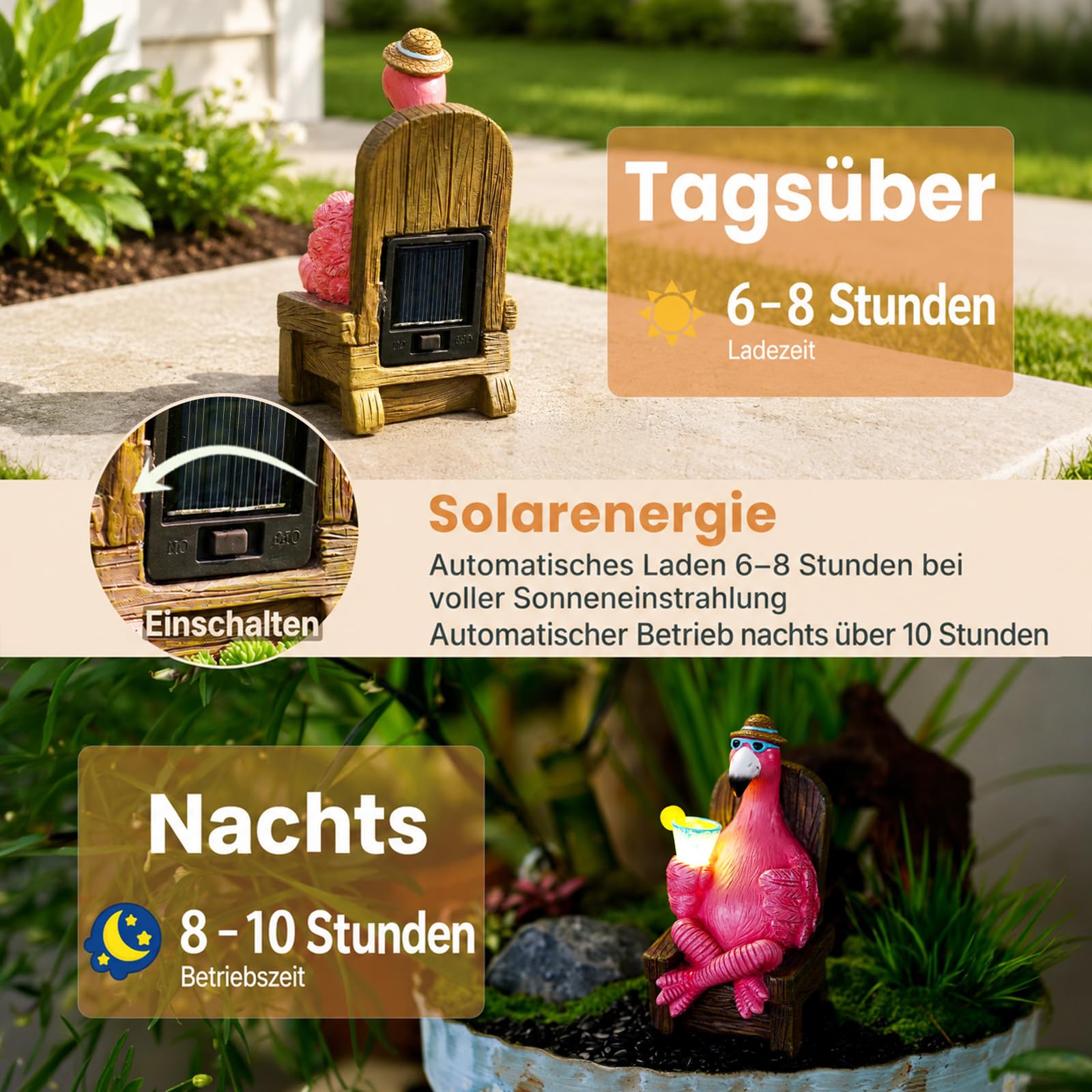 Yeomoo Rosa Flamingo Gartenfiguren Solar Gartendeko für Draußen: Lustige Flamingo Trinken auf dem Schaukelstuhl Deko für Wohnzimmer Garten Geschenke für Frauen Mama Geburtstagsgeschenk Balkon 13CM