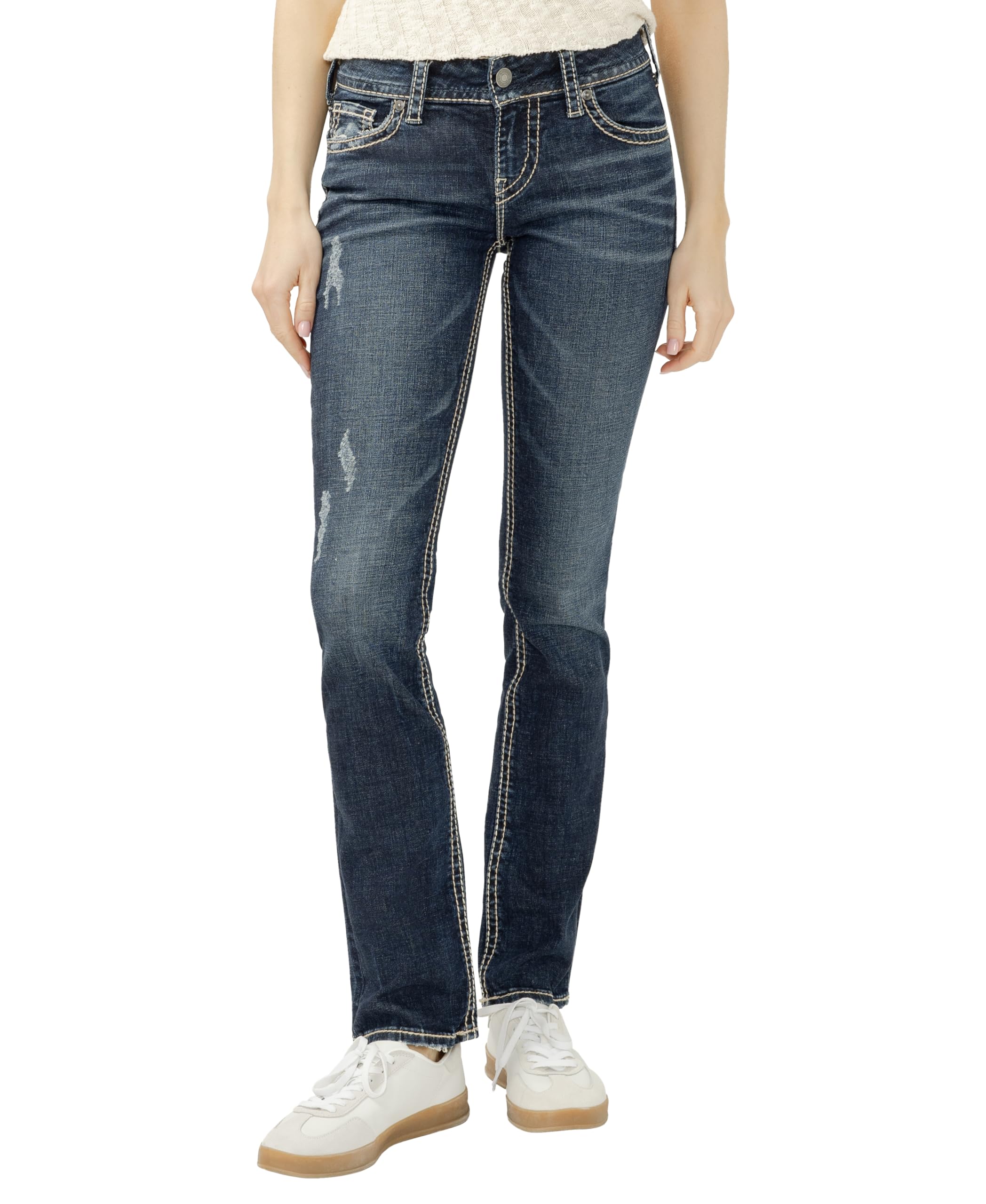 Silver Jeans Women's Suki mid Straight Jeans, Vintage Dark wash with Lurex Stitch, 25W x 32L