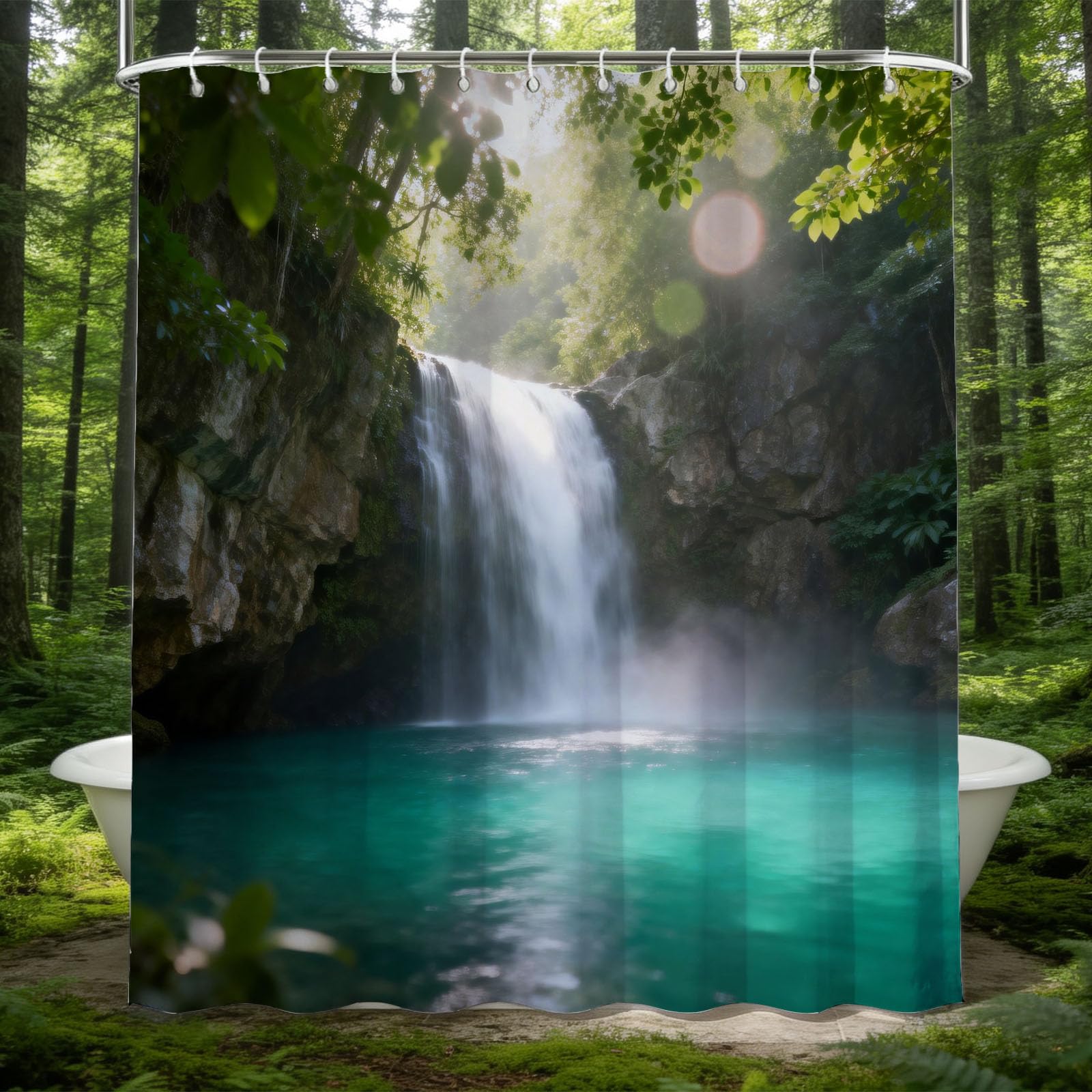 Hongduo 3D Forest Waterfall Landscape Shower Curtain for Stalls Bathtubs Mountain Natural Scenery Bathroom Decor Shower Curtain Set Polyester Fabric Waterproof 180x180cm/71X71 Inch with Hooks
