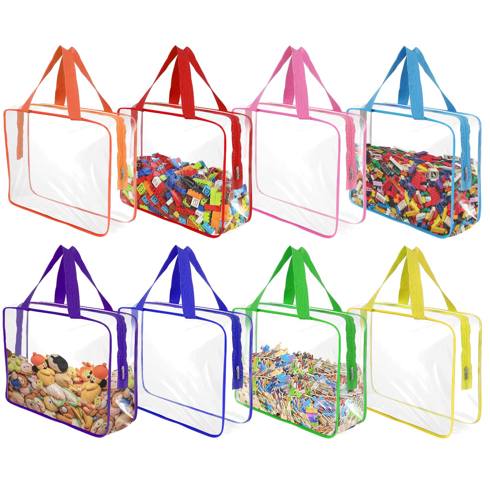 8 Pcs XL-Large Clear Toy Storage Bags with Zipper, Reusable PVC Waterproof Toy Organizer Bags with Portable Handle for Building Blocks, Puzzles, Board Games,and Travel Dust-Proof Storage (XL-Large)