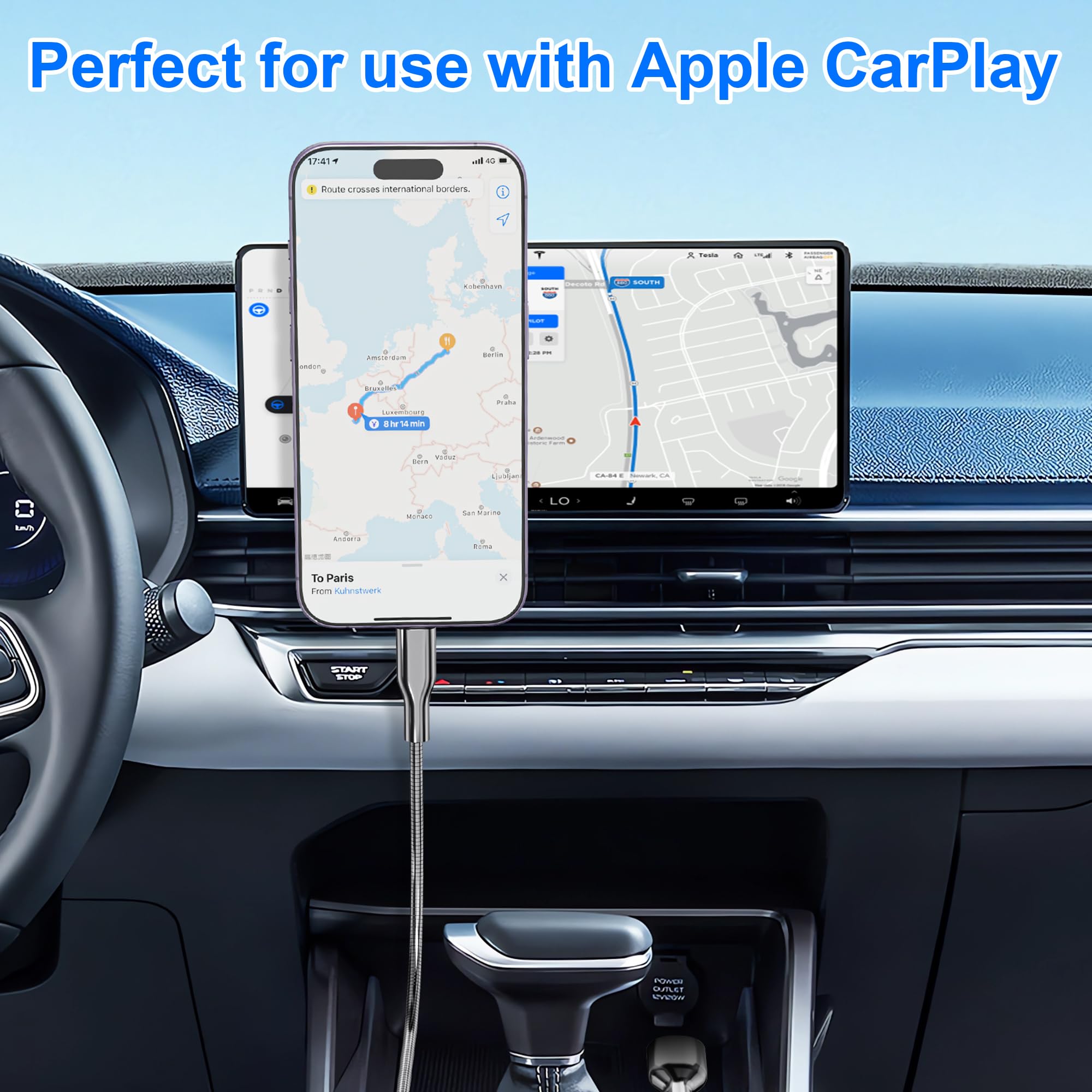 Cable de carga para iPhone a prueba de masticación, cable USB a Lightning certificado MFi, cable de carga trenzado de metal plateado para iPhone con carga rápida de 3 A, compatible con iPhone 14/13/12