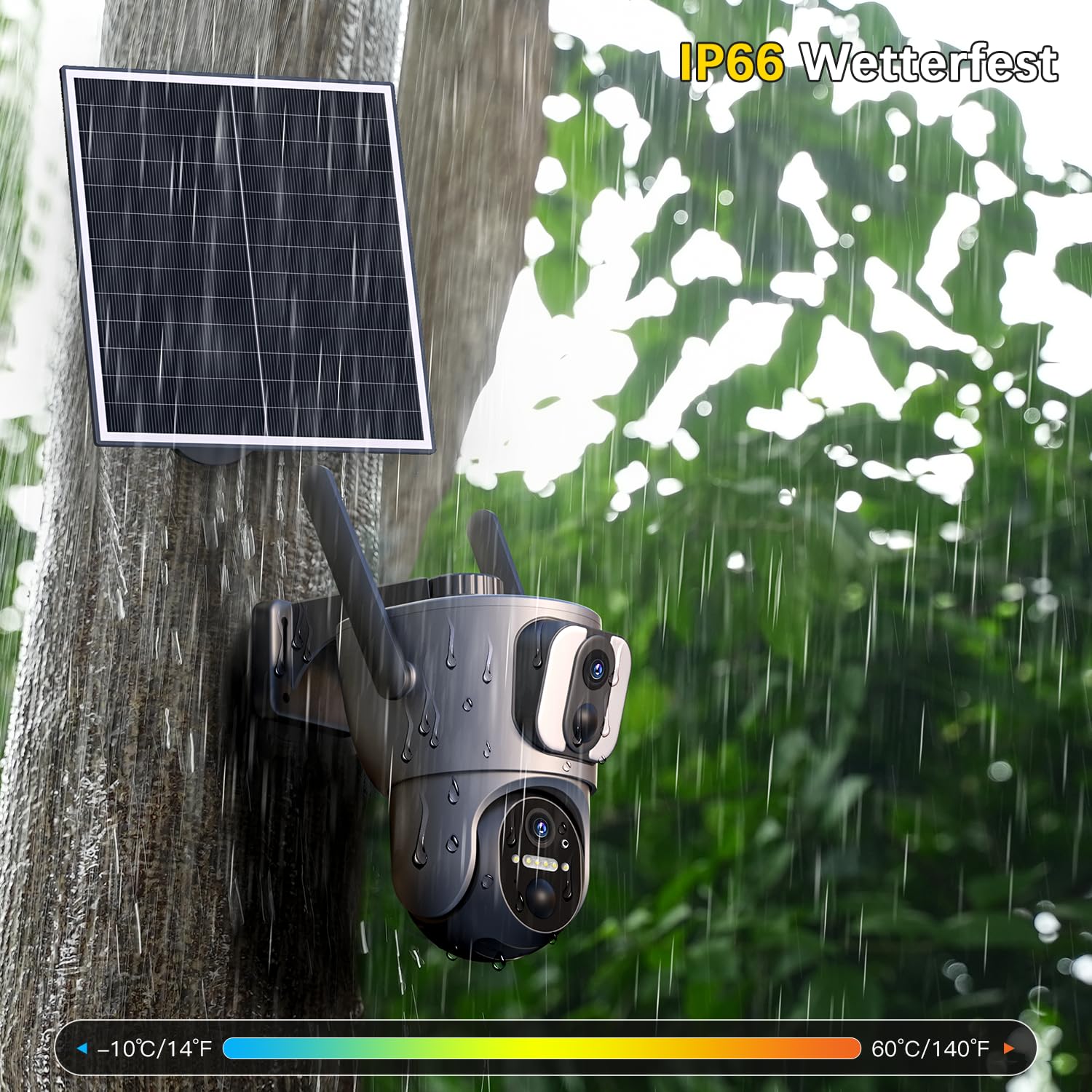 Xega Doppelte Linse 4G Solar PTZ Überwachungskamera mit SIM Karte ohne WLAN | 14400mAh Akku, 2K 3MP HD, 355°/100° PTZ, Farb/IR Nachtsicht, 2-Wege-Audio, Personenerkennung, Außen, Abonnement Erforderlich