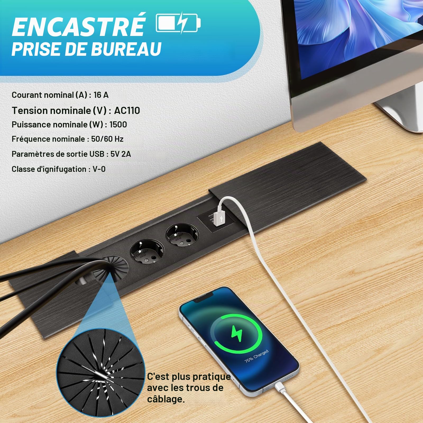 Multiprise encastrable escamotable 2 Prises avec USB C, Prise de Table