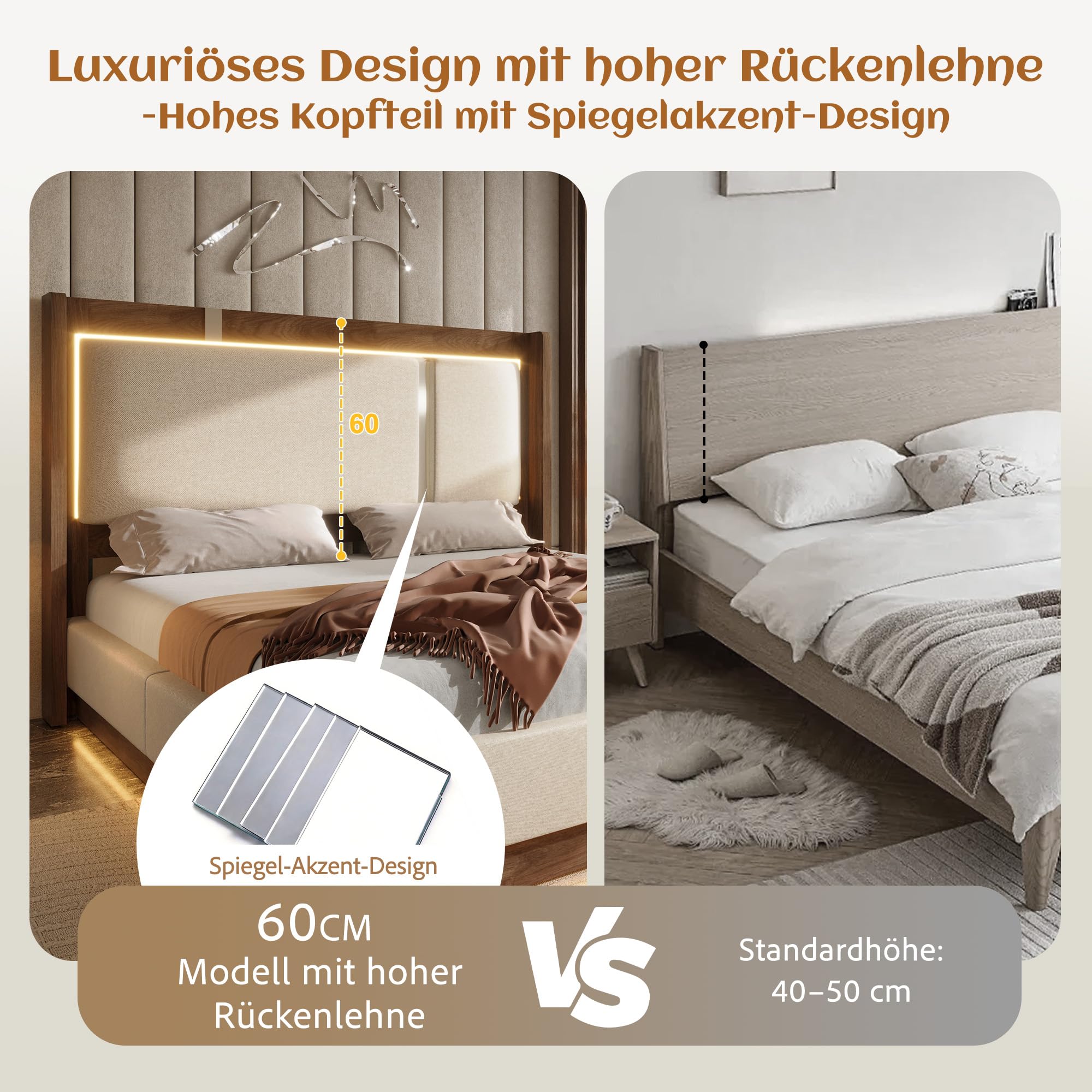 140 x 200 cm, podwójne łóżko tapicerowane ze stelażem, LED i skrzynią na pościel, hydrauliczne, lniane beżowe i orzech włoski, bez materaca