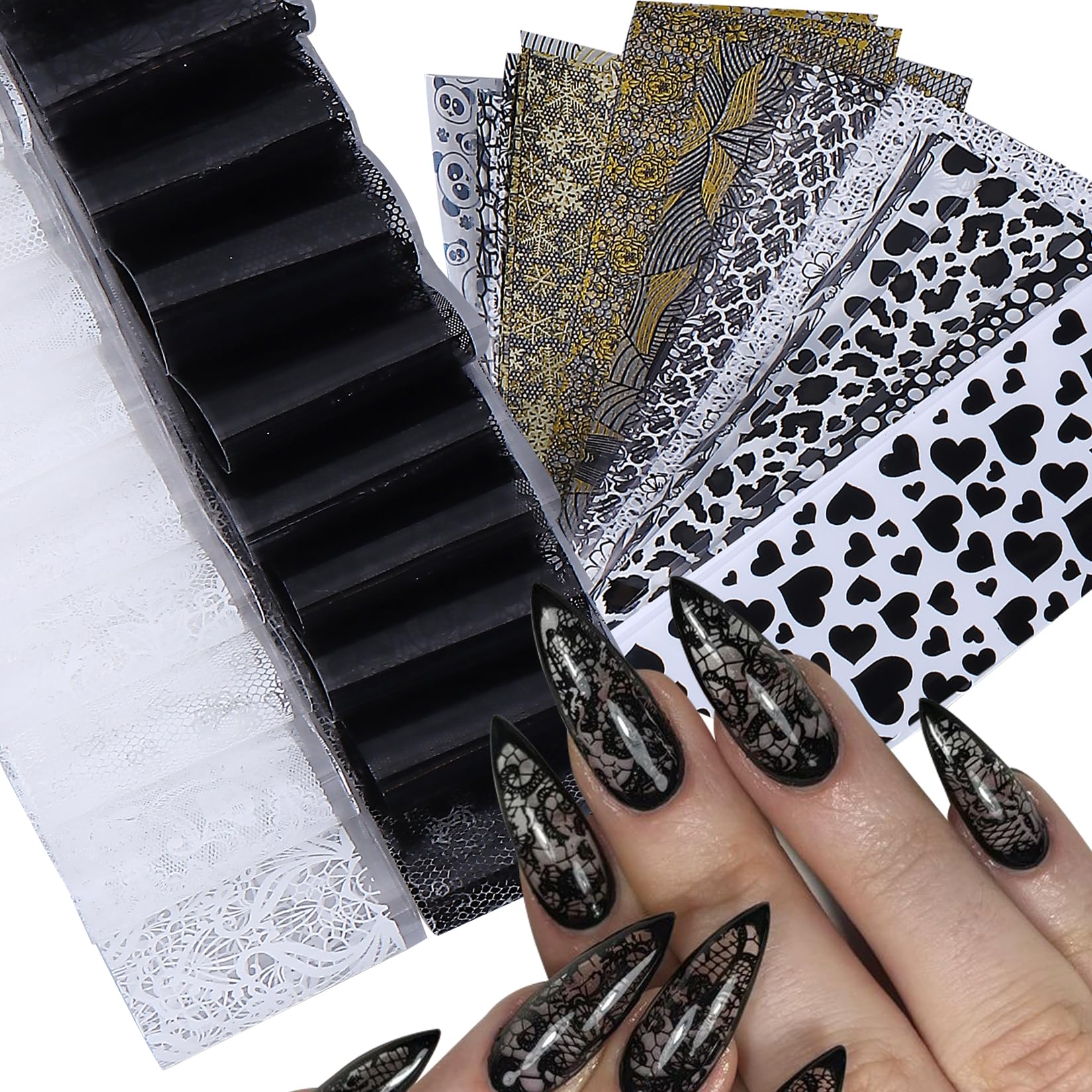 Lace Nail Transfer Foil Stickers 50PCS Black White Flower Lace Nail Foils Line Geometry Prints DIY Starry Paper Sheets Nails Art Decoration for Women Wedding DIY Valentines Designs Manicure Film