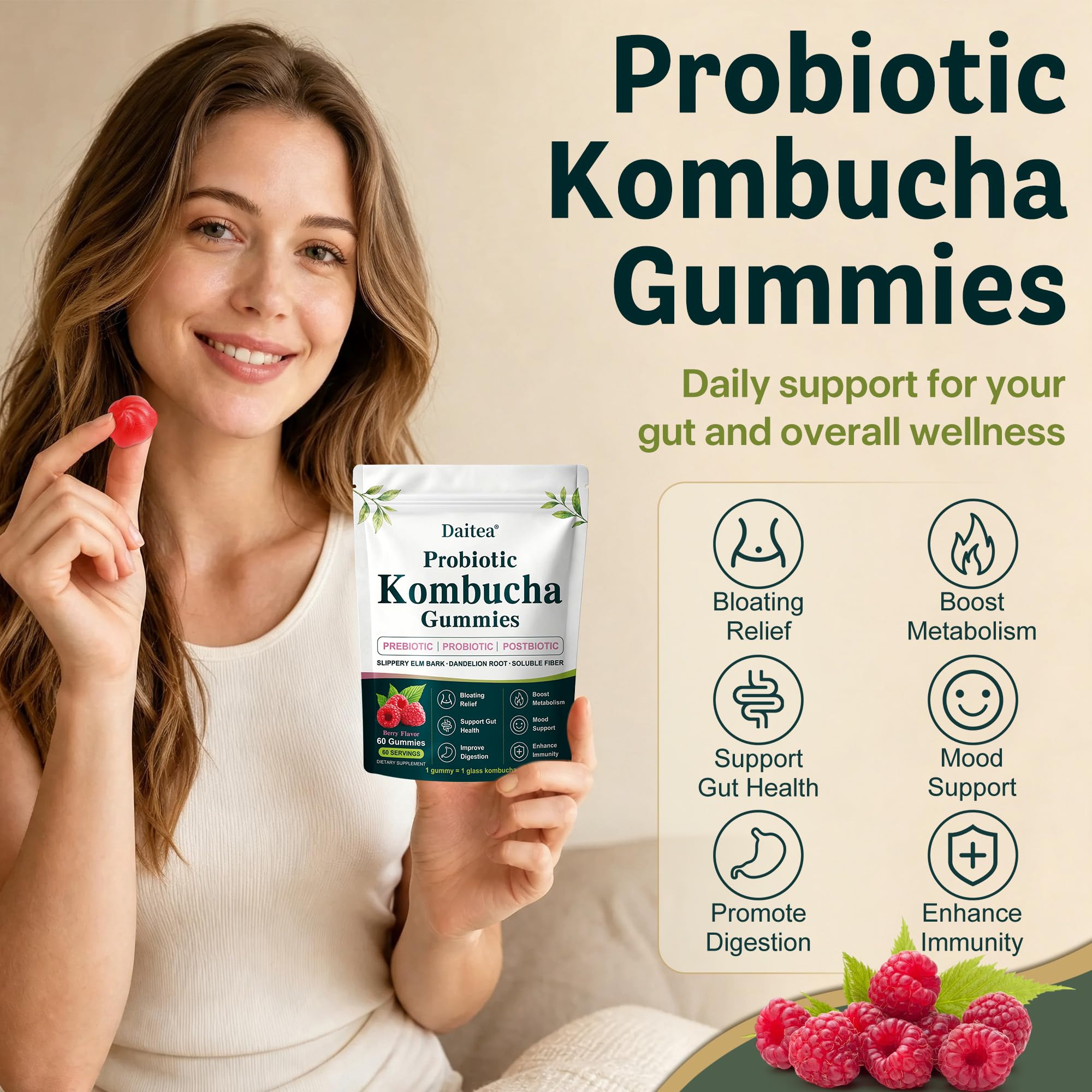 Probiotic Kombucha Gummies for Bloating, Digestive & Gut Health, 60 Gummies — Amazon image 2
