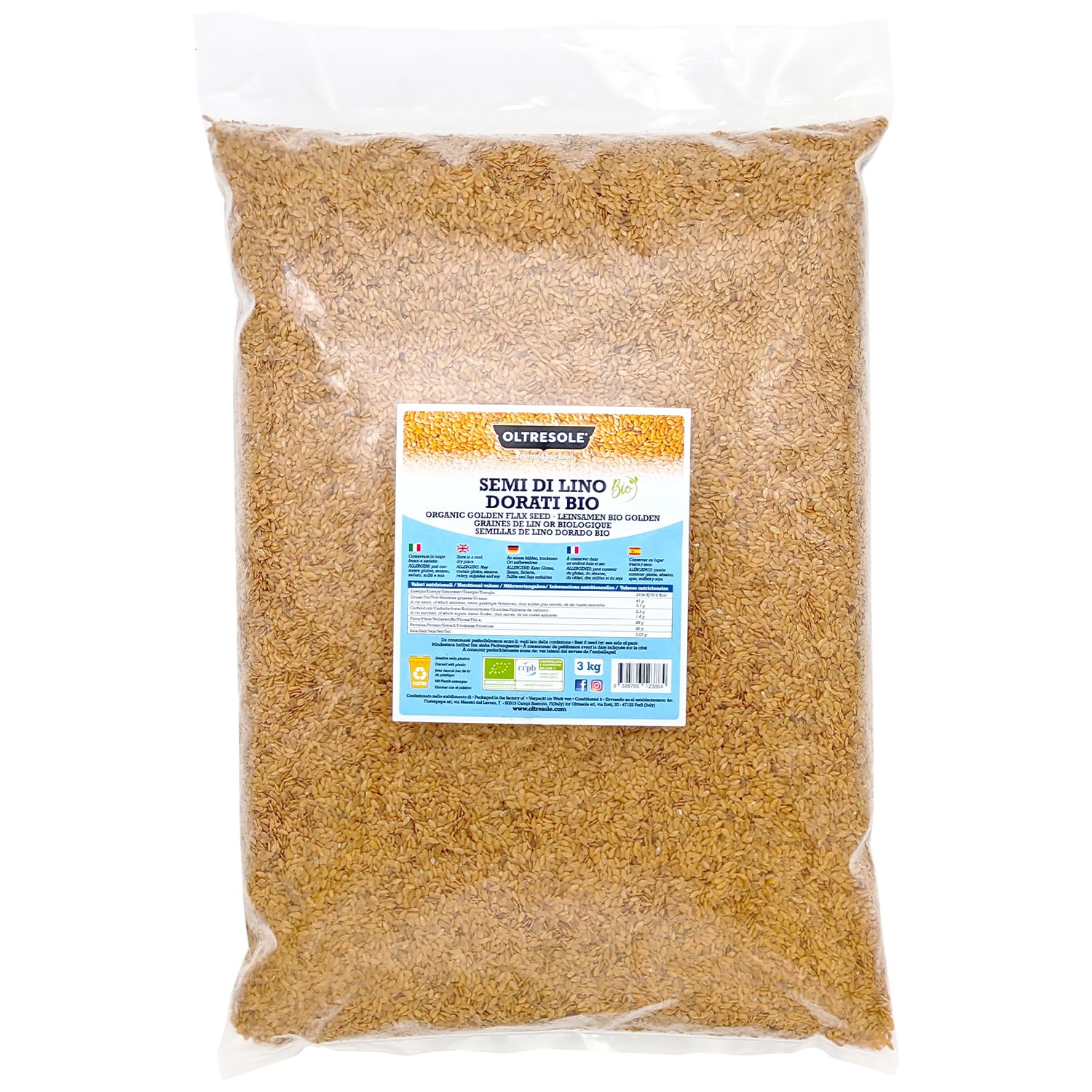 Oltresole, Semi Biologici di Lino Dorati 3 kg, Semi Oleosi Crudi, Interi e Chiari, Ricchi di Minerali e Fibre, Fonte di Omega 3 e Antiossidanti, 100% Naturali, Confezione Ideale per Famiglie