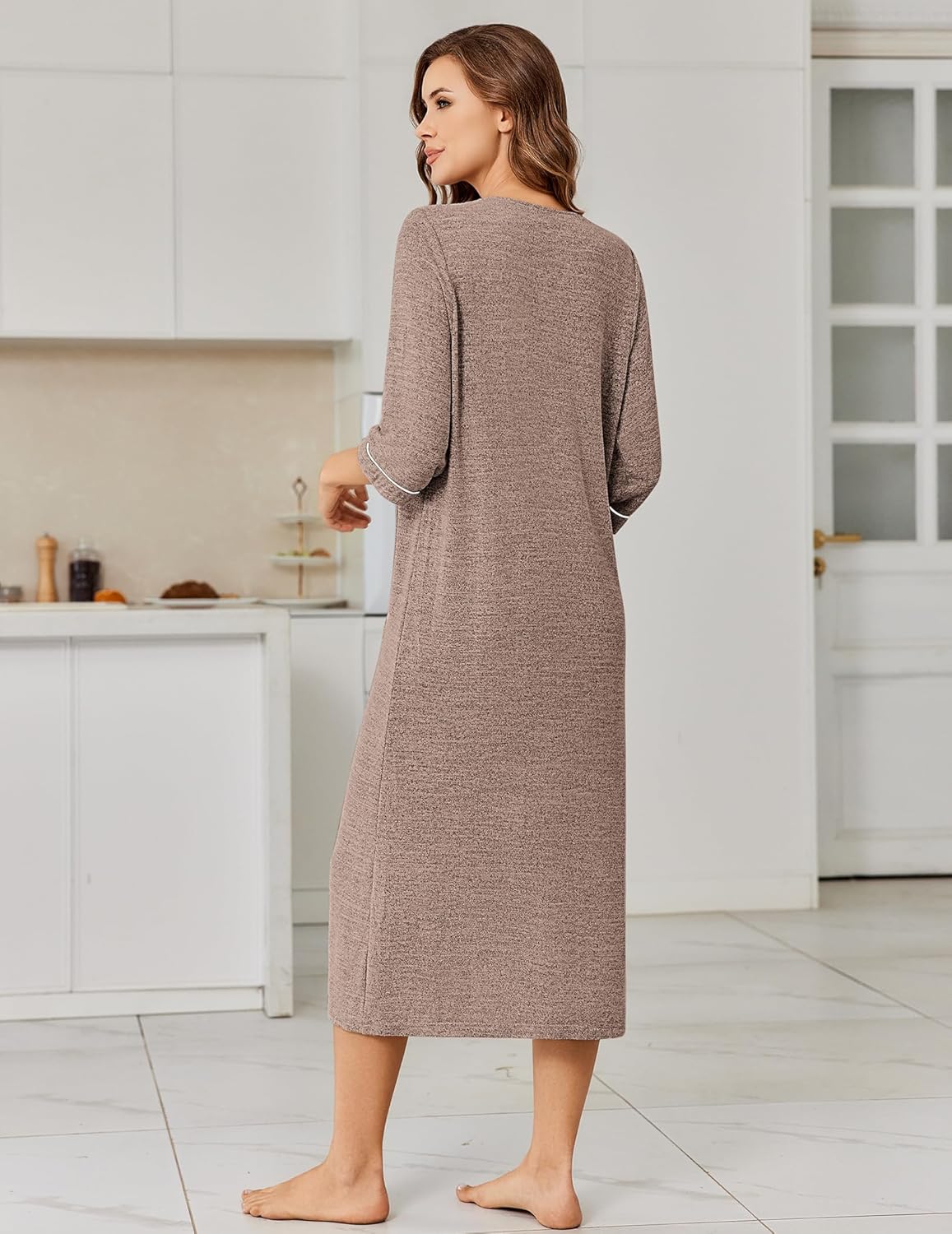 Ekouaer Zipper Robes for Women 3/4 Sleeve Bathrobe Lightweight House Coats for Women with Pockets Long Moo Moo Nightgown - Image 4