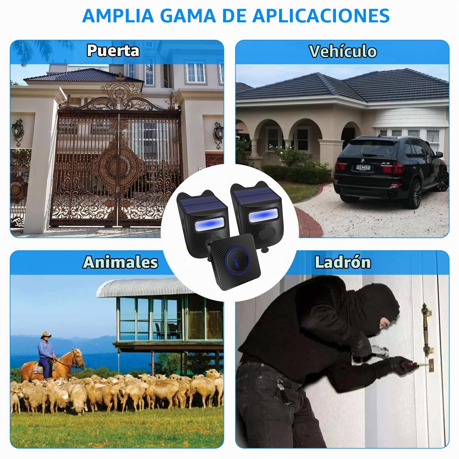 QUMOX Alarma de Entrada con Energía Solar – Sistema de Alerta Inalámbrico con Sensor de Movimiento Exterior, 2 Sensores y 1 Receptor para Seguridad en Casa y Negocio
