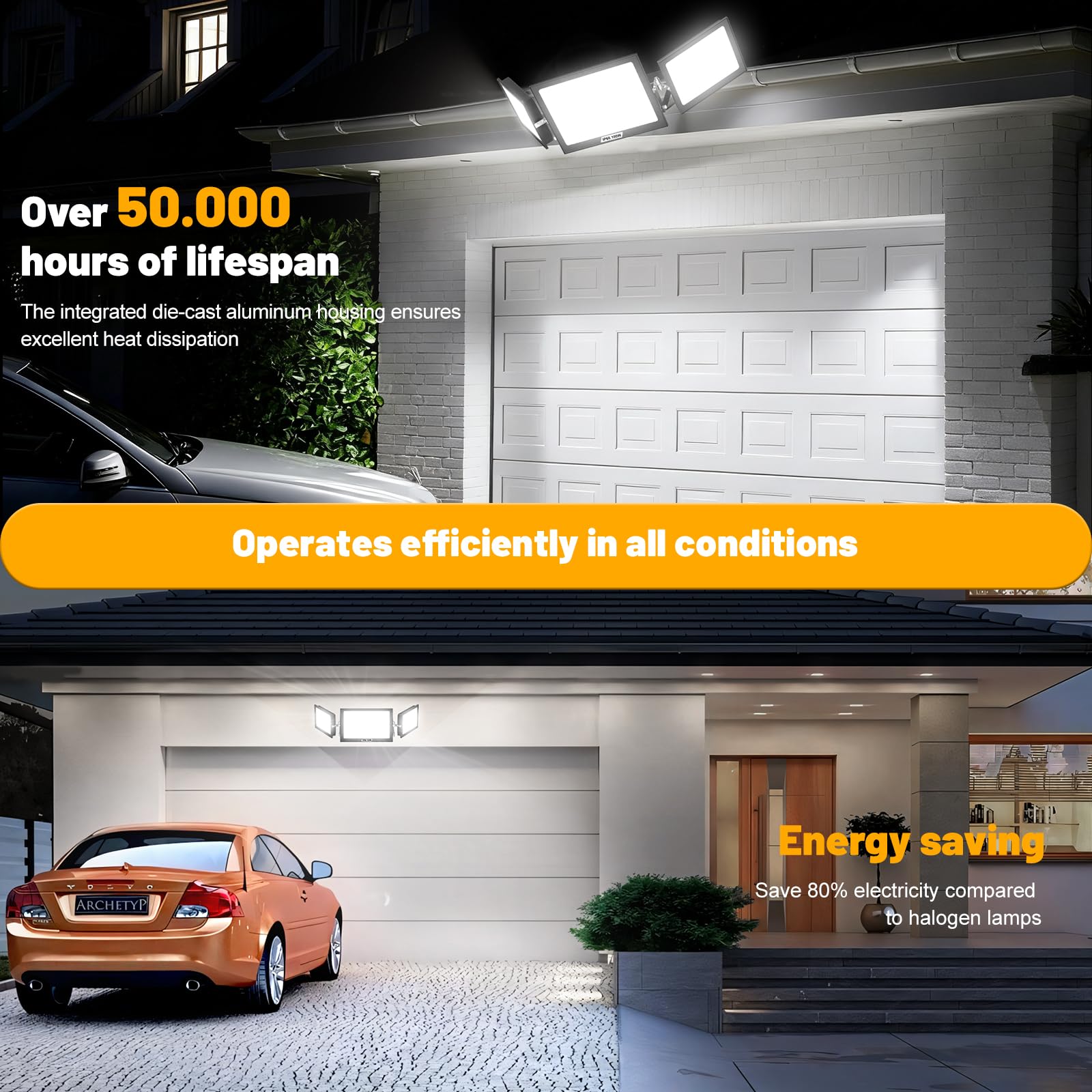 Lightasea 100W Security Lights Outdoor,LED Spot Light,10000LM LED Floodlight Outdoor,Outdoors Spotlight with Adjustable 3 Heads,IP66 Waterproof Outdoors Wall Light,for Courtyard Porch Garden Garage - Image 4
